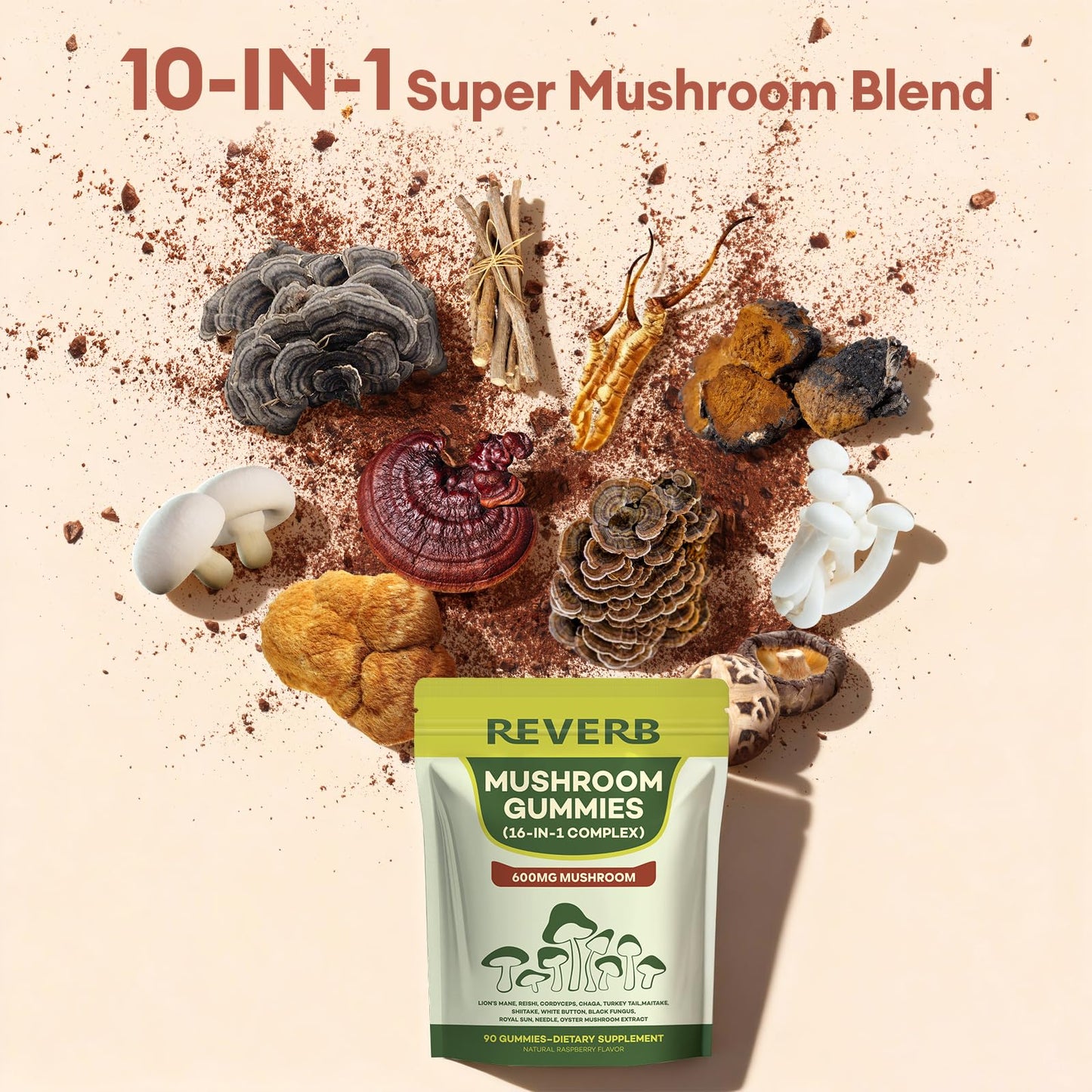 REVERB Mushroom Gummies 16-In-1 Mushroom Blend with Ashwagandha, Brain Health & Focus, 90 Gummies