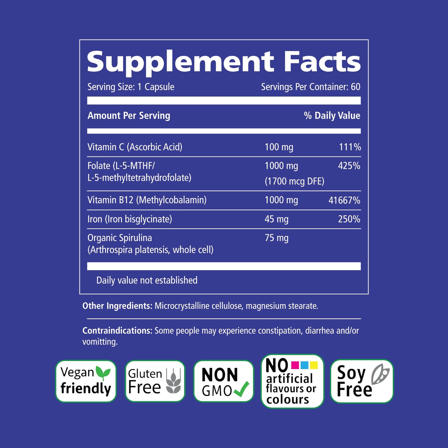 Vitality Power Iron + Spirulina 45mg Iron Capsules 60 Count