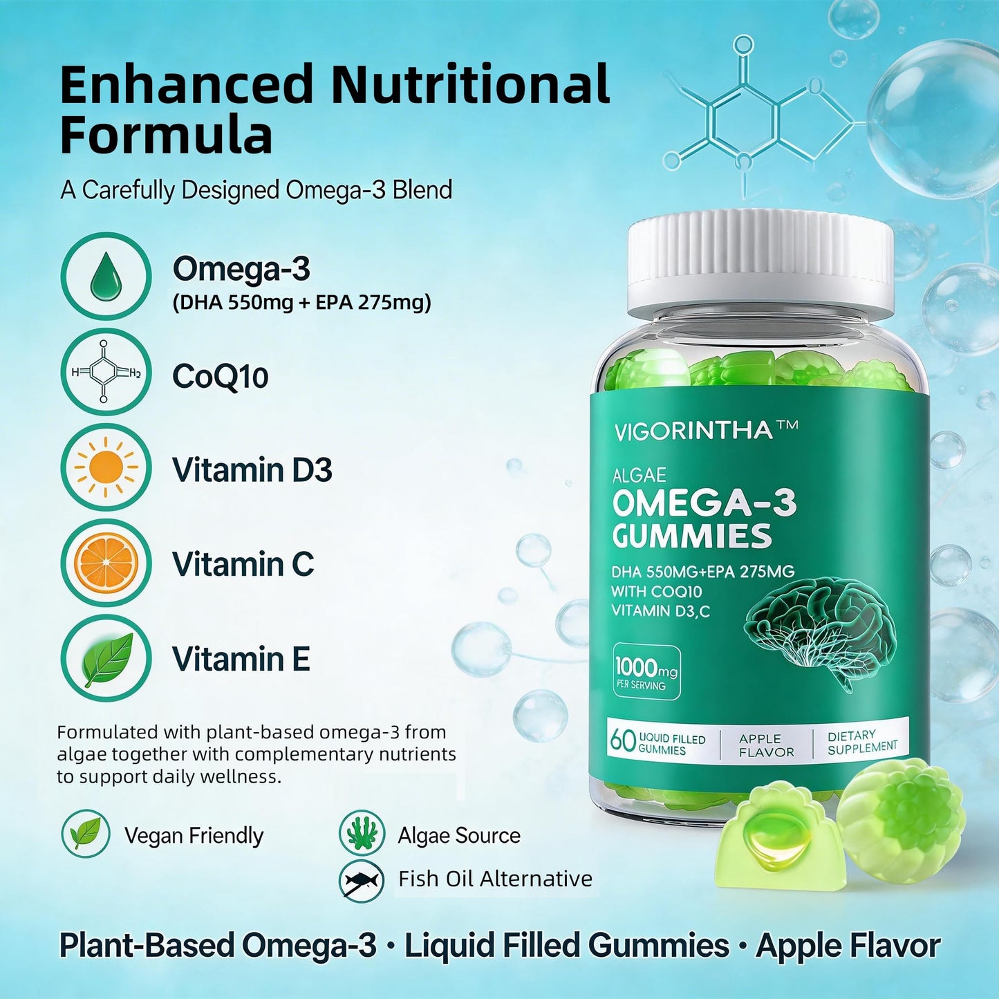 Vigorintha Vegan Omega-3 Gummies 1000mg with CoQ10, Vitamin D3, E, C, Plant-Based DHA 550mg & EPA 275mg, Sugar Free, 60 Gummies