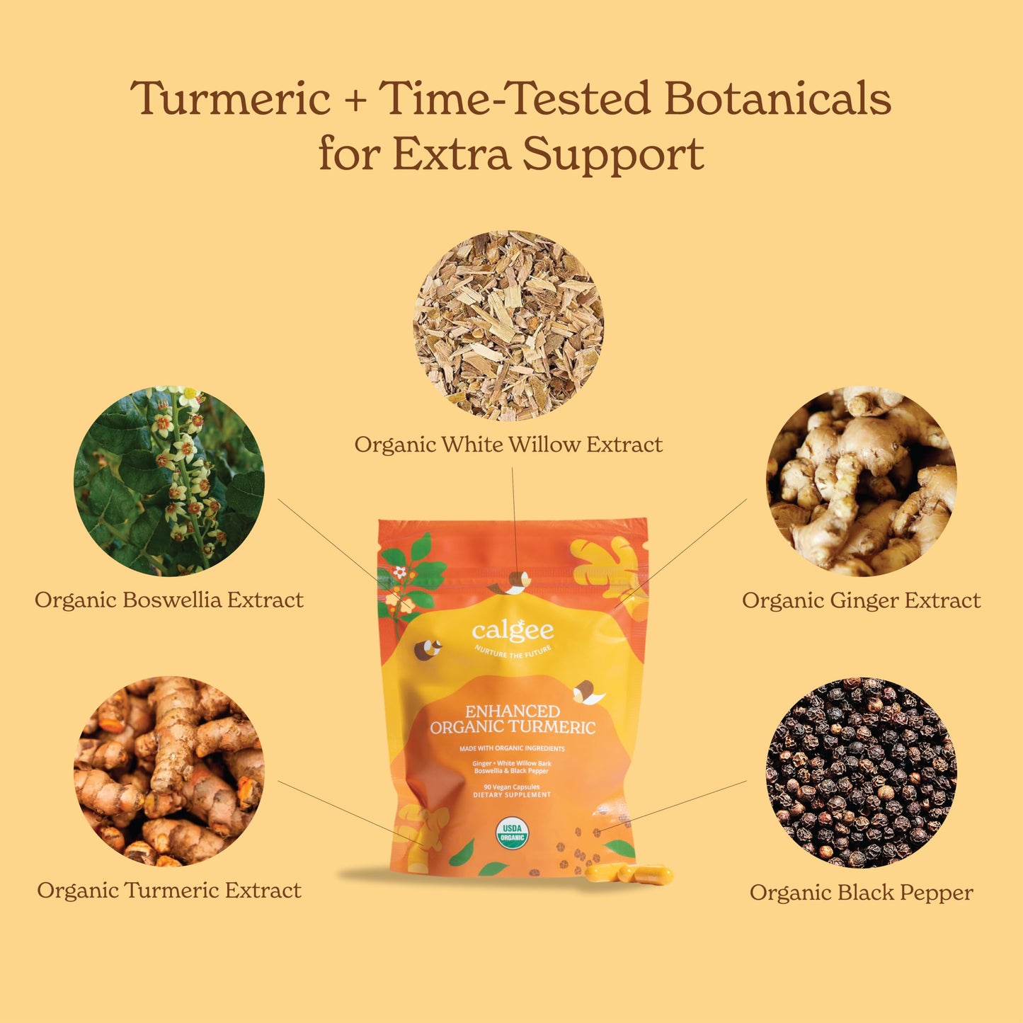 Calgee Organic Turmeric Curcumin Supplement Capsules, 90 Count