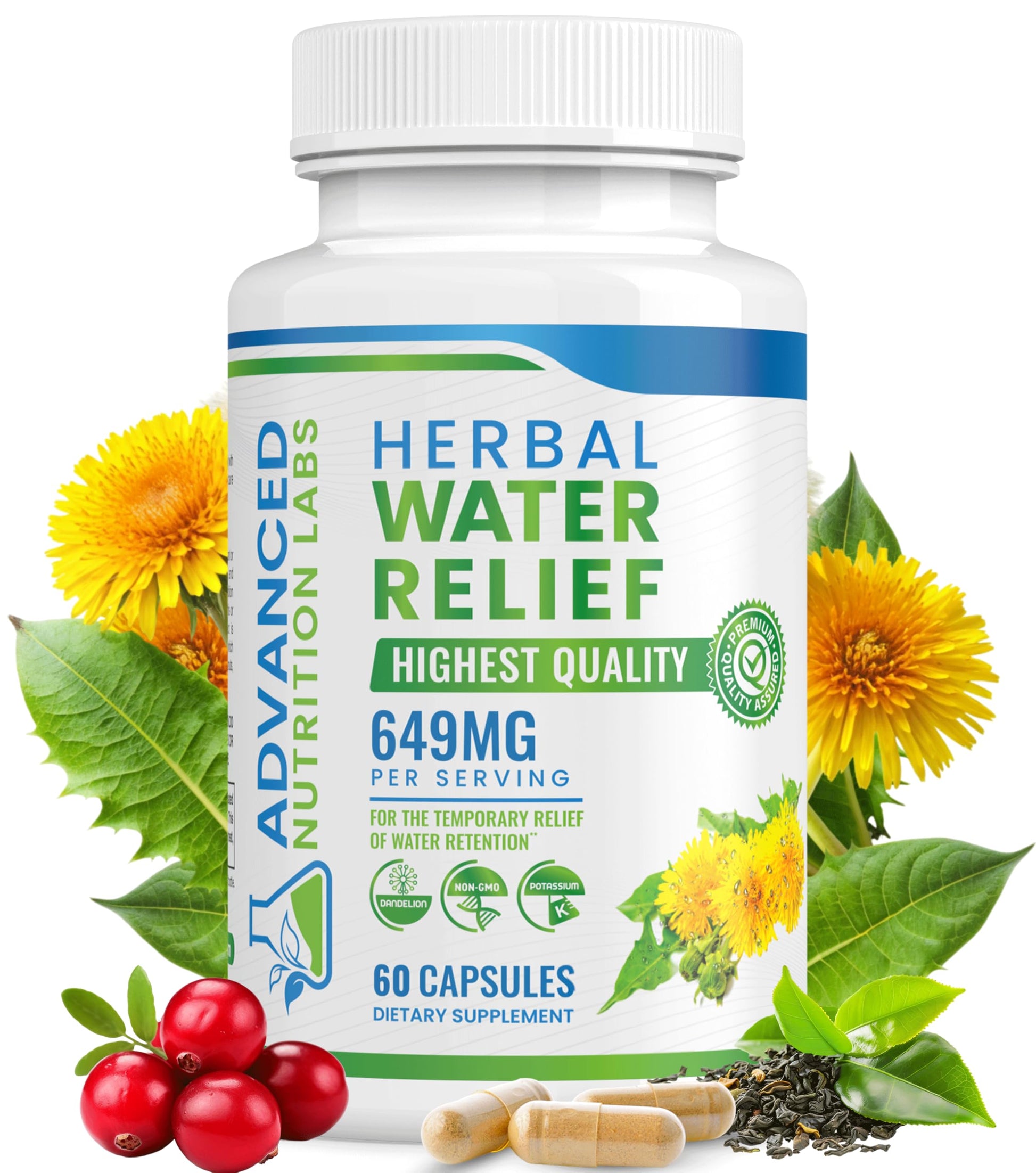 Advanced Nutrition Labs Herbal Water Relief Diuretic Water Pills Capsules 60 Count