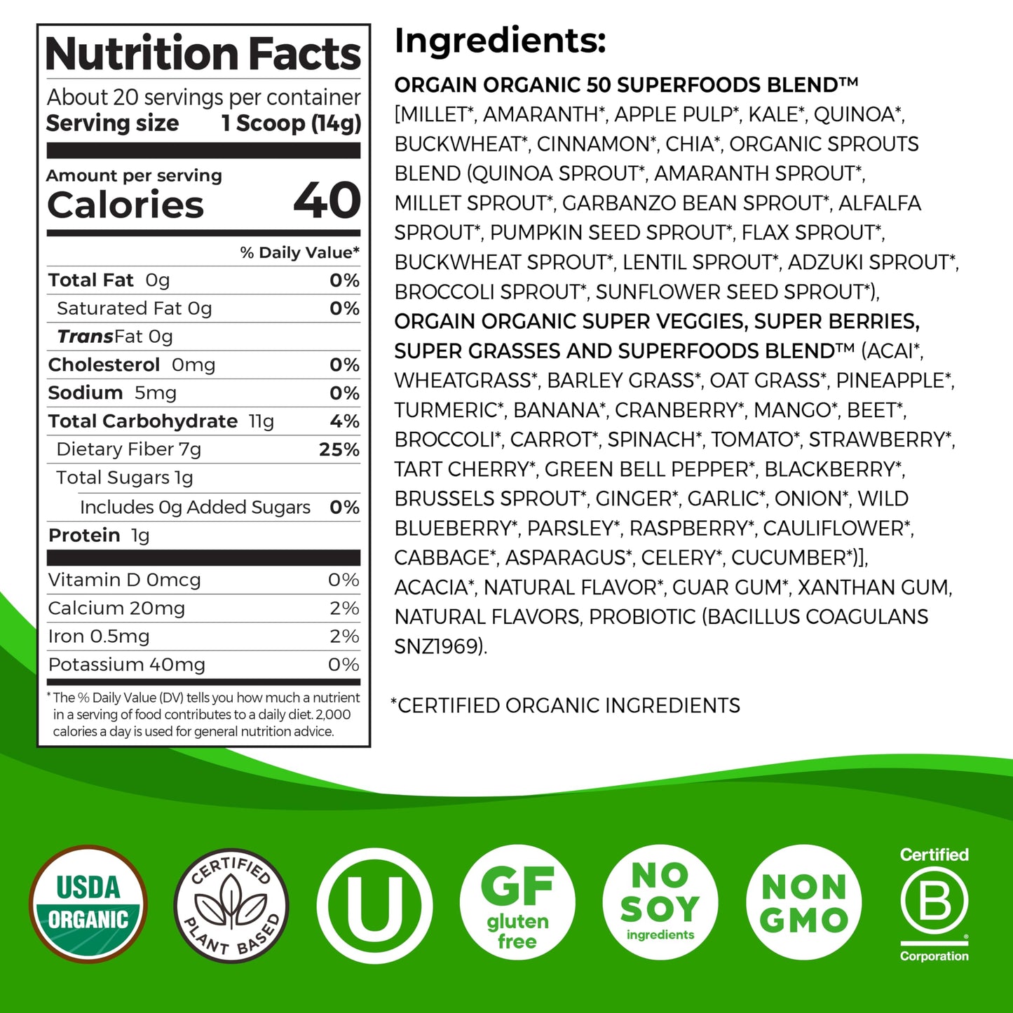 Orgain Organic Greens Powder 50 Superfoods + Probiotics, 9.9 Ounce