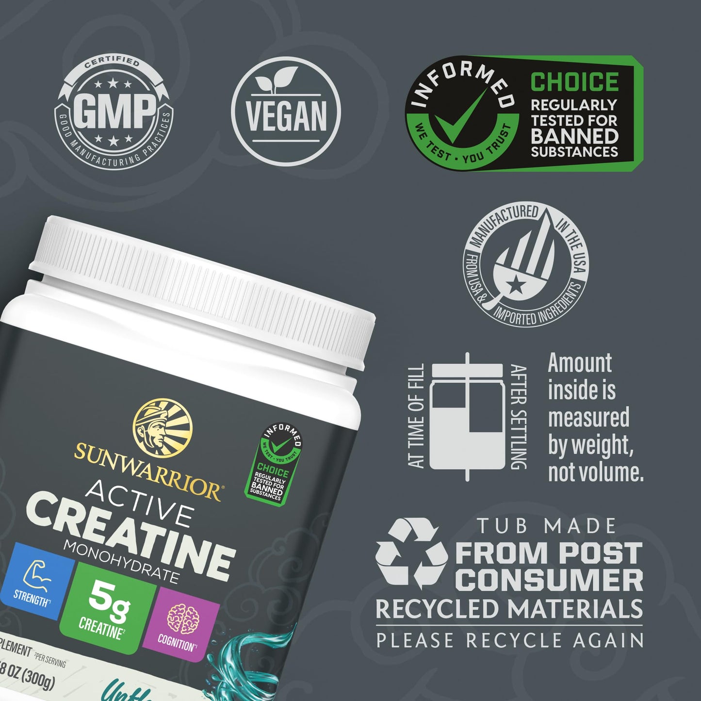 Sunwarrior Creatine Monohydrate Powder Micronized PreWorkout Recovery Supplement, 60 Servings