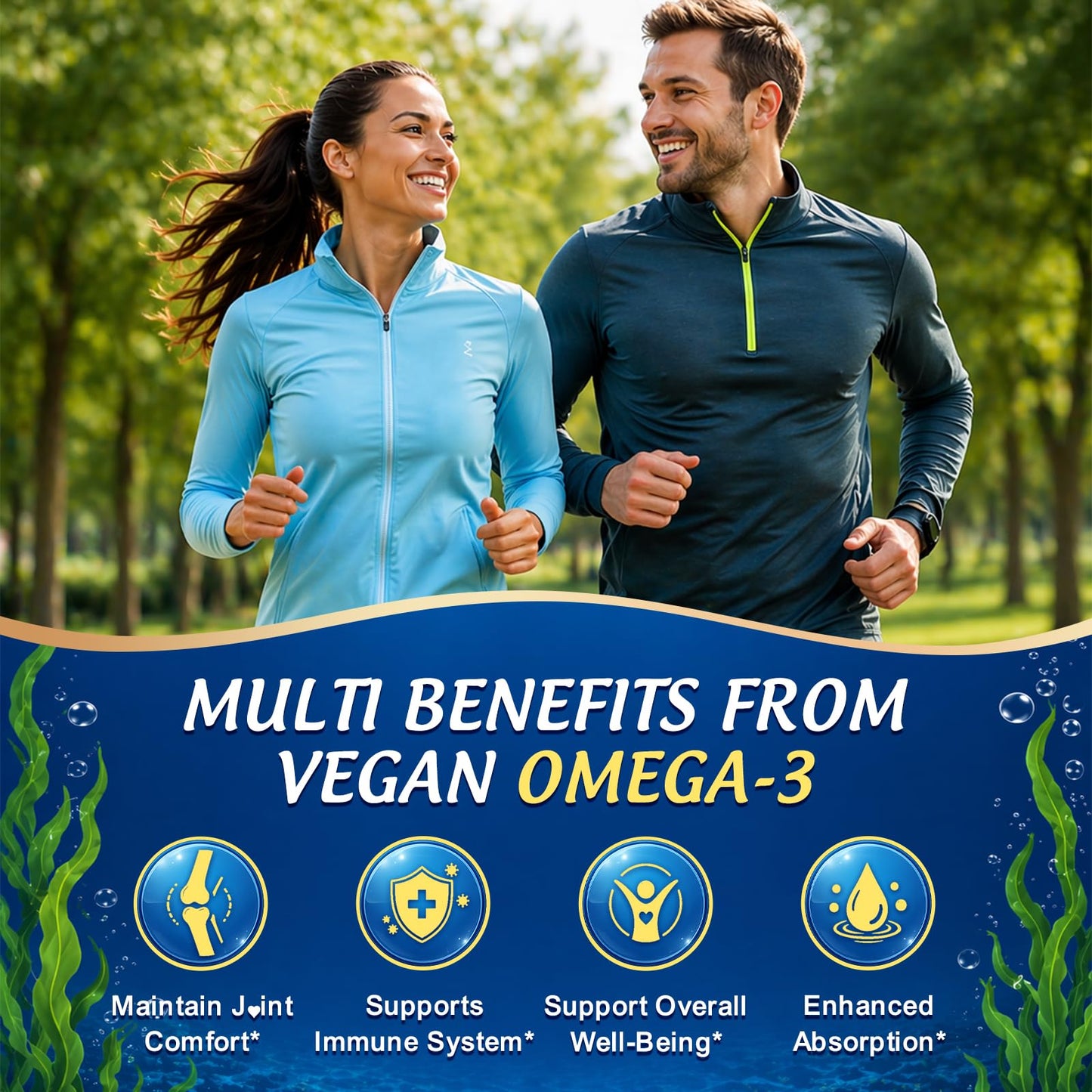 GZ HAOYUAN Vegan Omega-3 Gummies 1200mg, EPA 600mg DHA 400mg, Vitamin D3, K2, Sugar Free, No Fish Taste, 60 Count