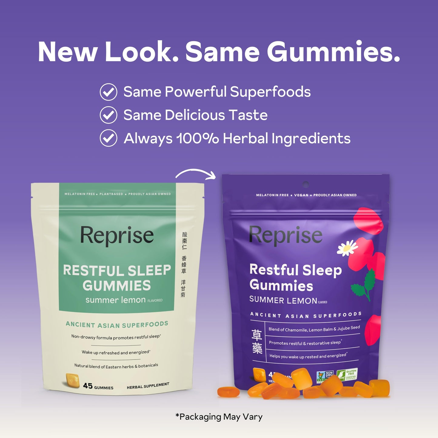 Reprise Melatonin-Free Natural Sleep Aid Gummies with Jujube & Chamomile, Lemon Balm - Deep Sleep Support, 45 Count