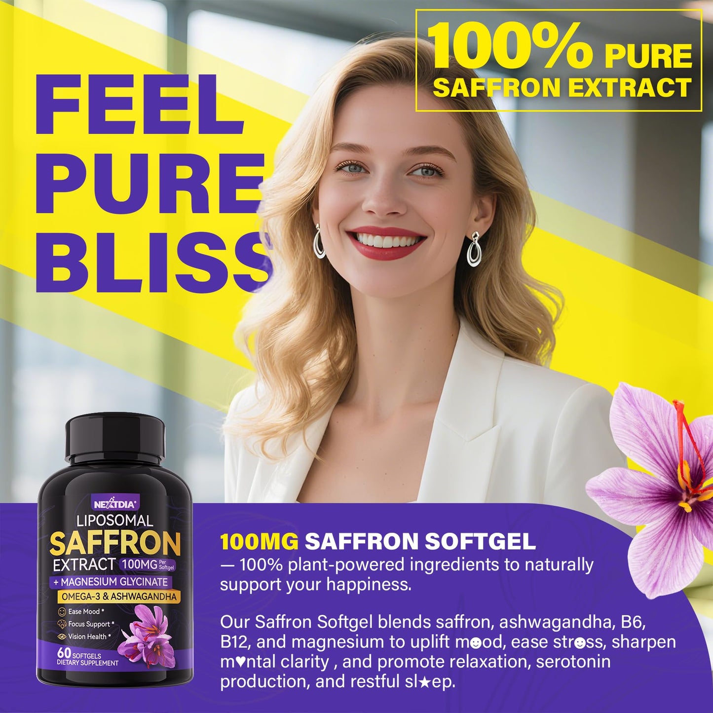 Nextdia Saffron Supplements 100mg Liposomal High Absorption 100% Pure Saffron Extract with Magnesium Glycinate, Omega-3, Turmeric, Ashwagandha, Vitamin B6, B12, D3 for Mood, Brain, 60 Softgels