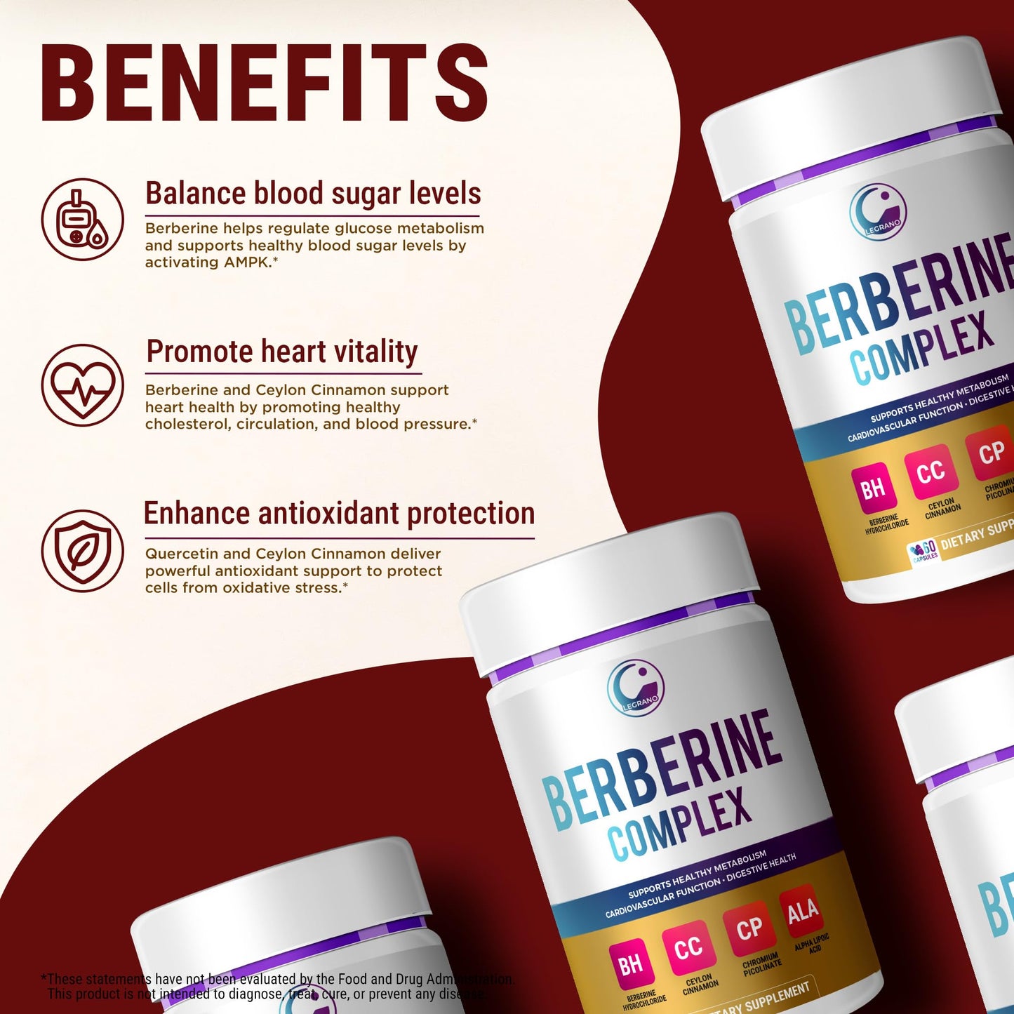 LEGRANO Berberine Supplement 500mg with Ceylon Cinnamon, ALA & Chromium – Berberine Complex for Glucose Metabolism & Heart Support – 60 Vegan Capsules