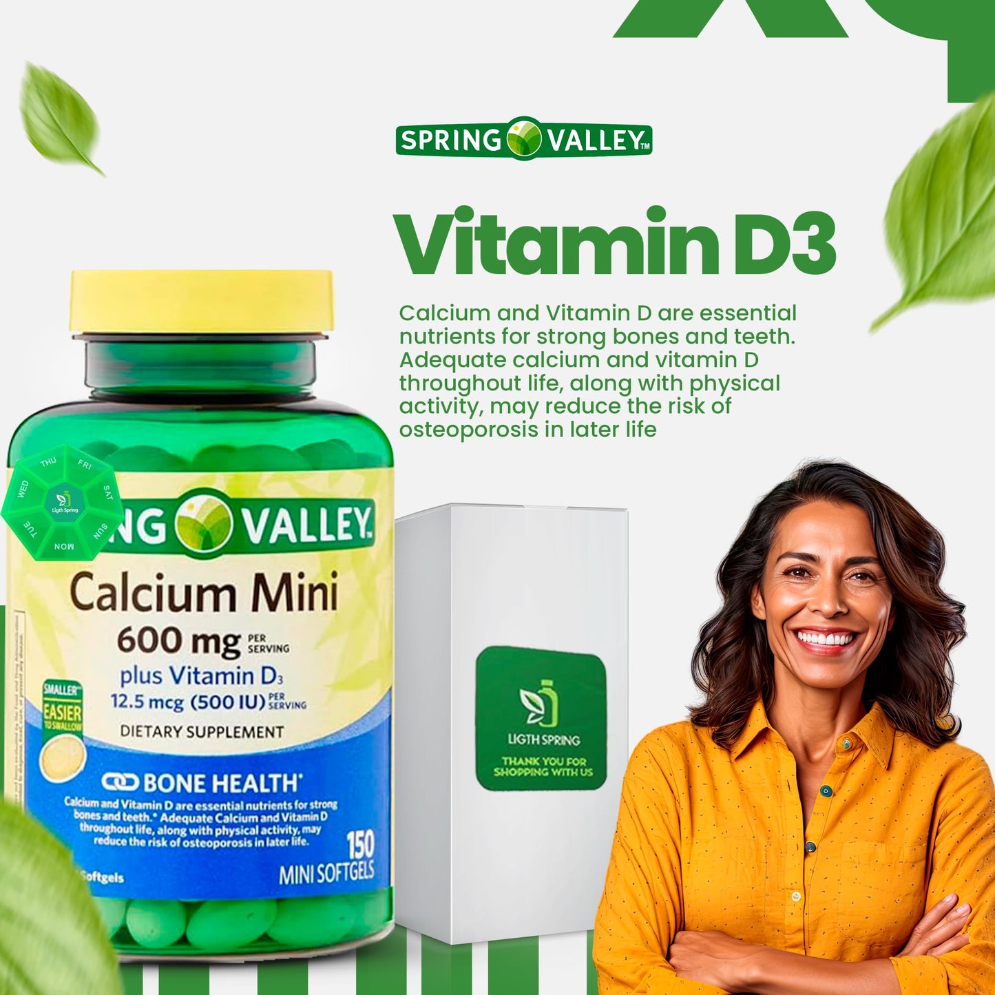 LightSpring Calcium 600mg Plus Vitamin D3 Softgels, 150 Count