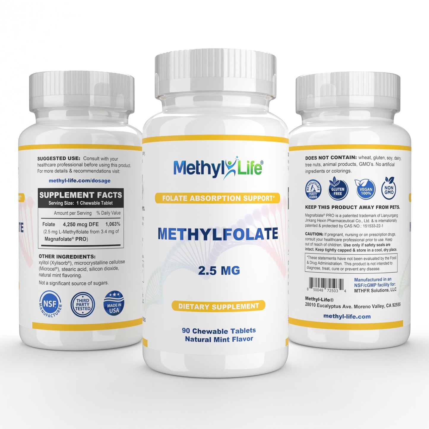 Methyl-Life L-Methylfolate 2.5 mg Chewable Active Folate Tablets (L-5-MTHF) – 90 Count