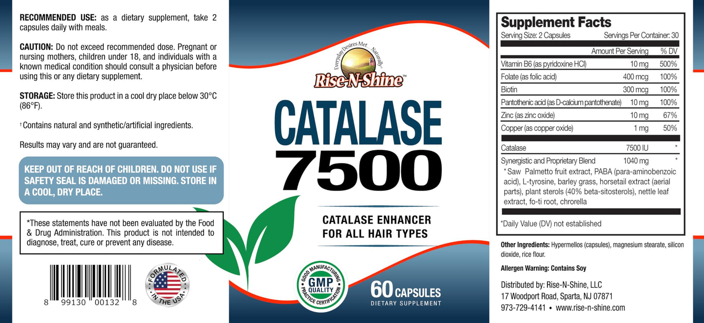 Rise-N-Shine Catalase Supplement 7500 with Saw Palmetto, Biotin, Fo-Ti, PABA - Hair Supplements for Strong Hair Capsule 60 Count