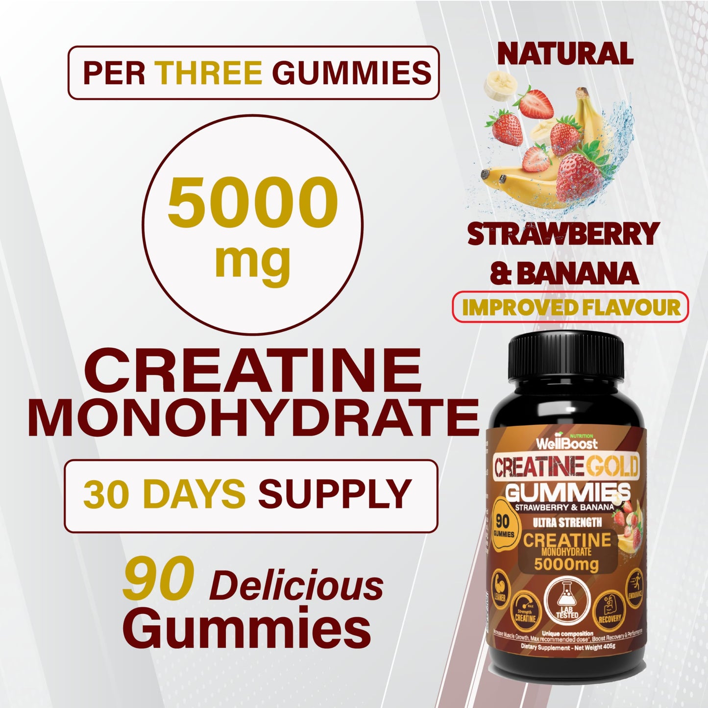 WellBoost Creatine Gold 5000mg Creatine Monohydrate Gummies 90 Count