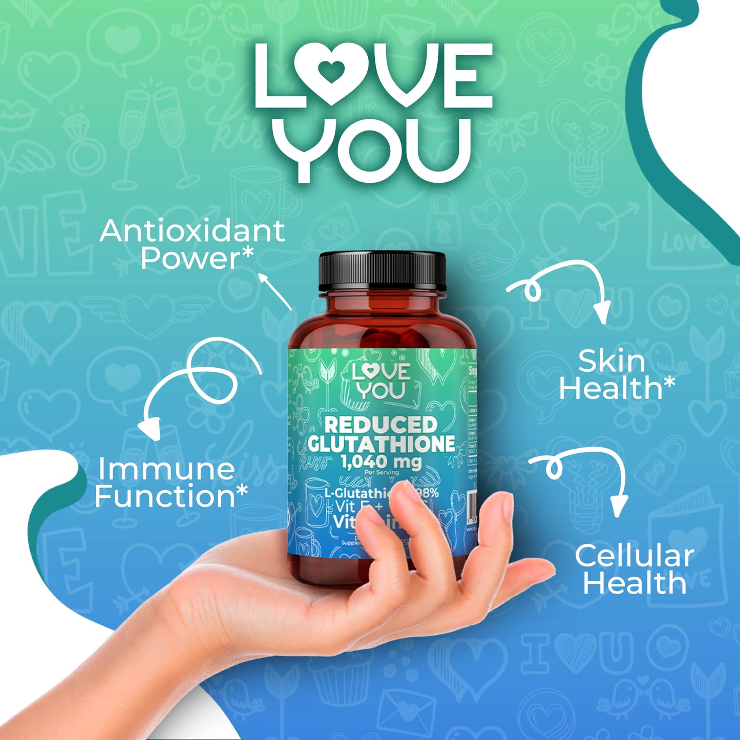 Love You Reduced Glutathione 98% Purity 1040 mg + Vitamin C, E & D3 Intracellular Antioxidant, 120 Capsules