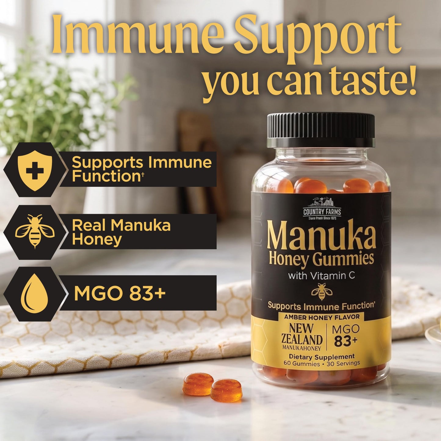 Country Farms Manuka Honey Gummies with Vitamin C – New Zealand MGO 83+ – Immune Support, 60 Gummies