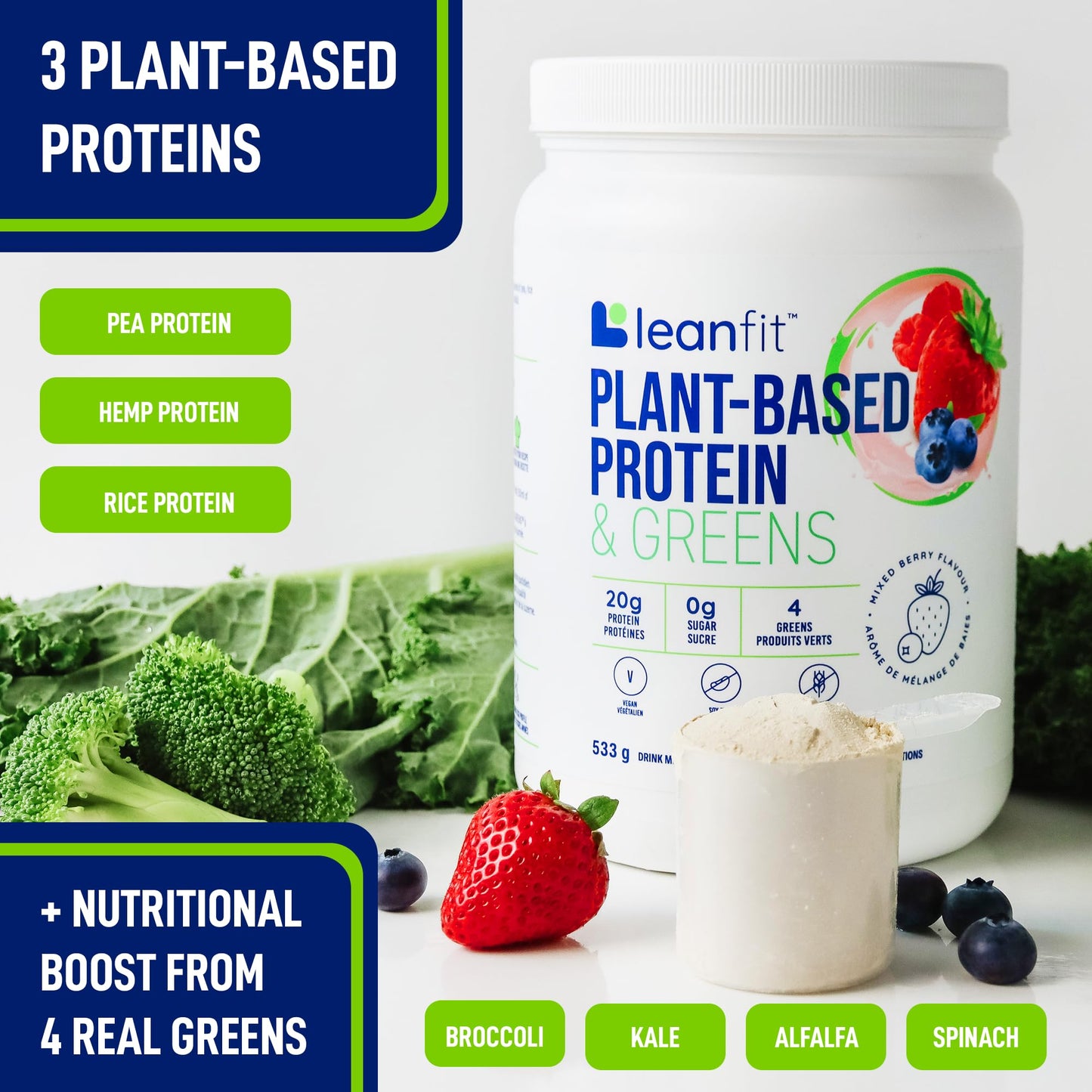 LeanFit Plant-Based Protein & Greens Protein Powder, Natural Berry, 19 Servings, 1.25 lb Tub