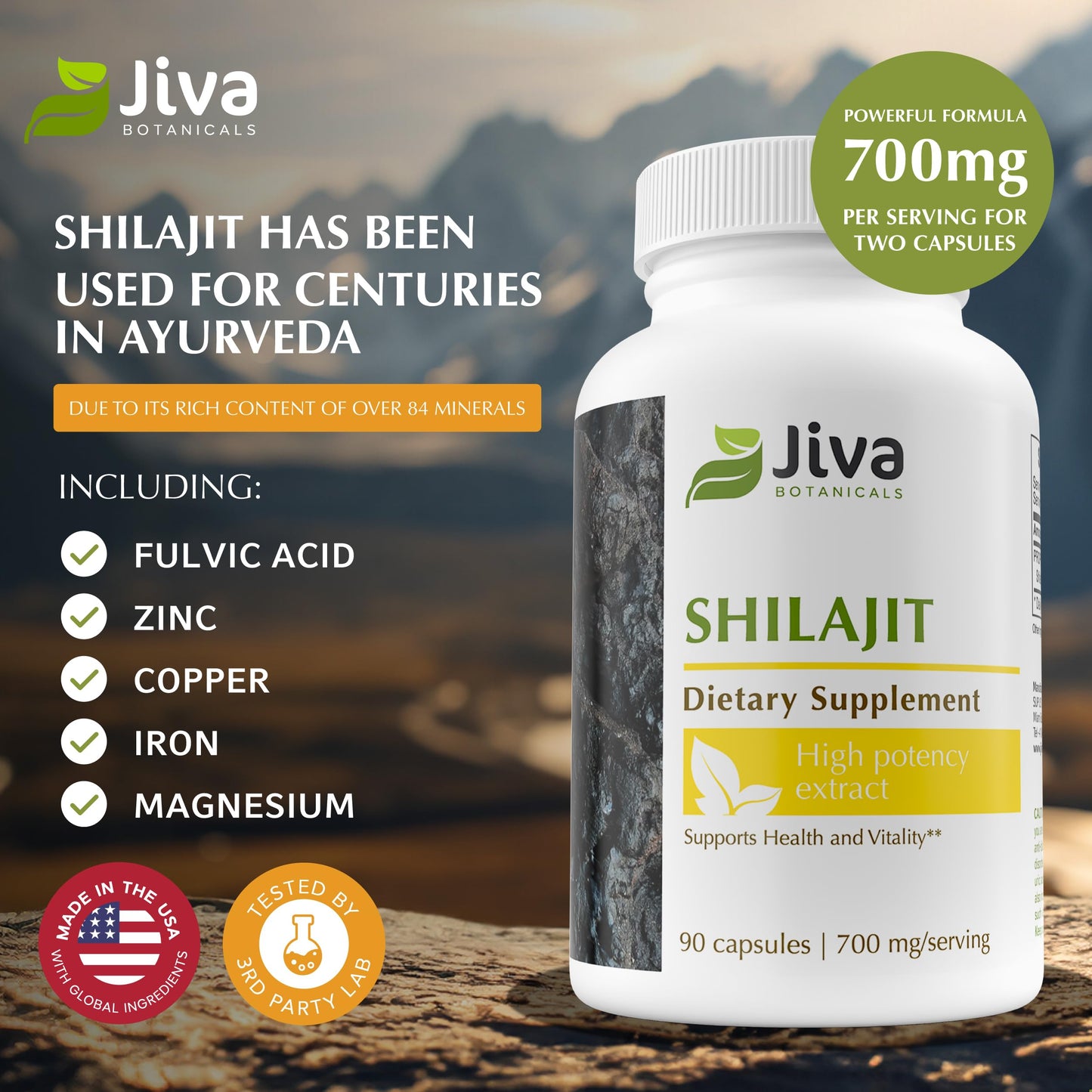 Jiva Botanicals Shilajit Capsules 700 mg with Fulvic Acid – Shilajit Supplement for Men & Women – 90 Vegan Capsules