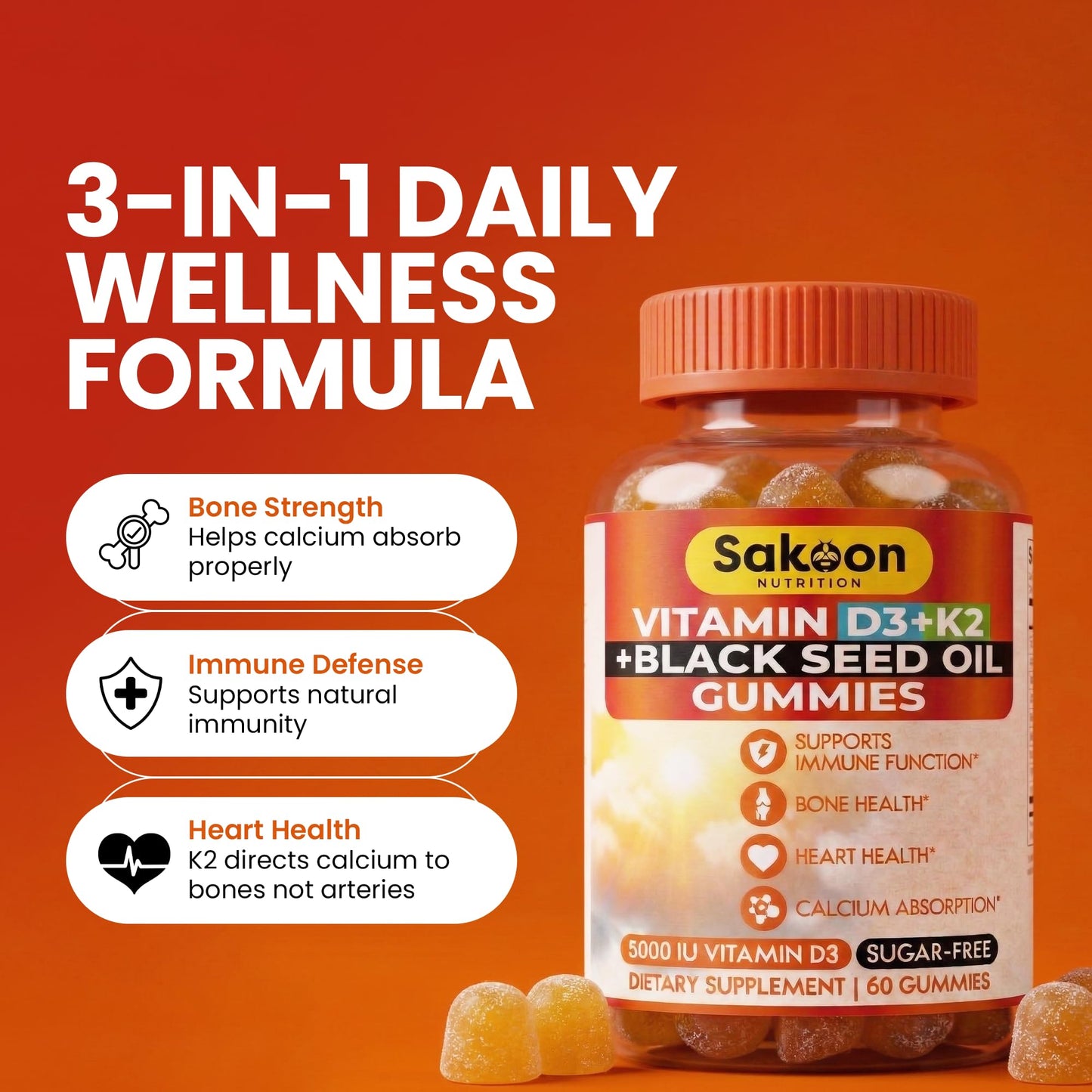 Sakoon nutrition Vitamin D3 K2 Gummies with Black Seed Oil for Bone, Teeth, Muscle and Immune Defense Support, Non-GMO, Gluten Free, 60 Count