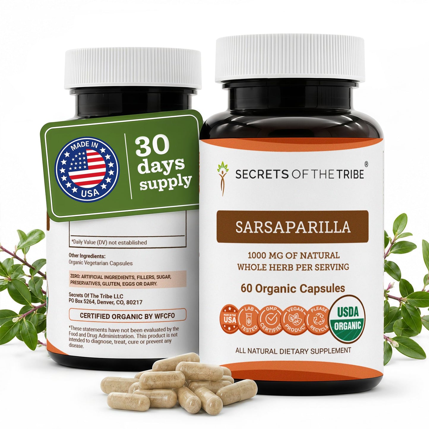 Secrets of the Tribe Organic Sarsaparilla 1000 mg Vegetable Capsules for Detox & Skin Health, 60 Capsules