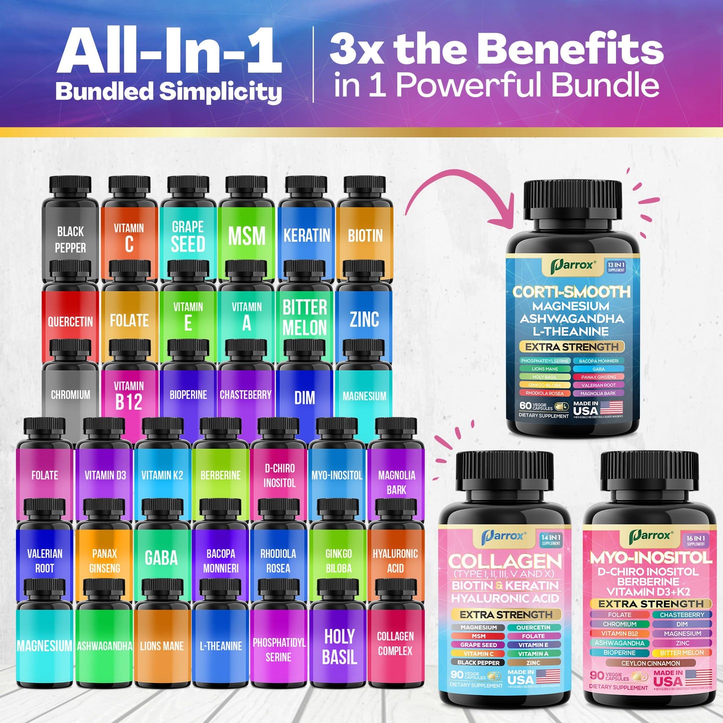 Parrox Collagen, Myo-Inositol & Cortisol Bundle, Berberine, She Shines Set Capsules 240