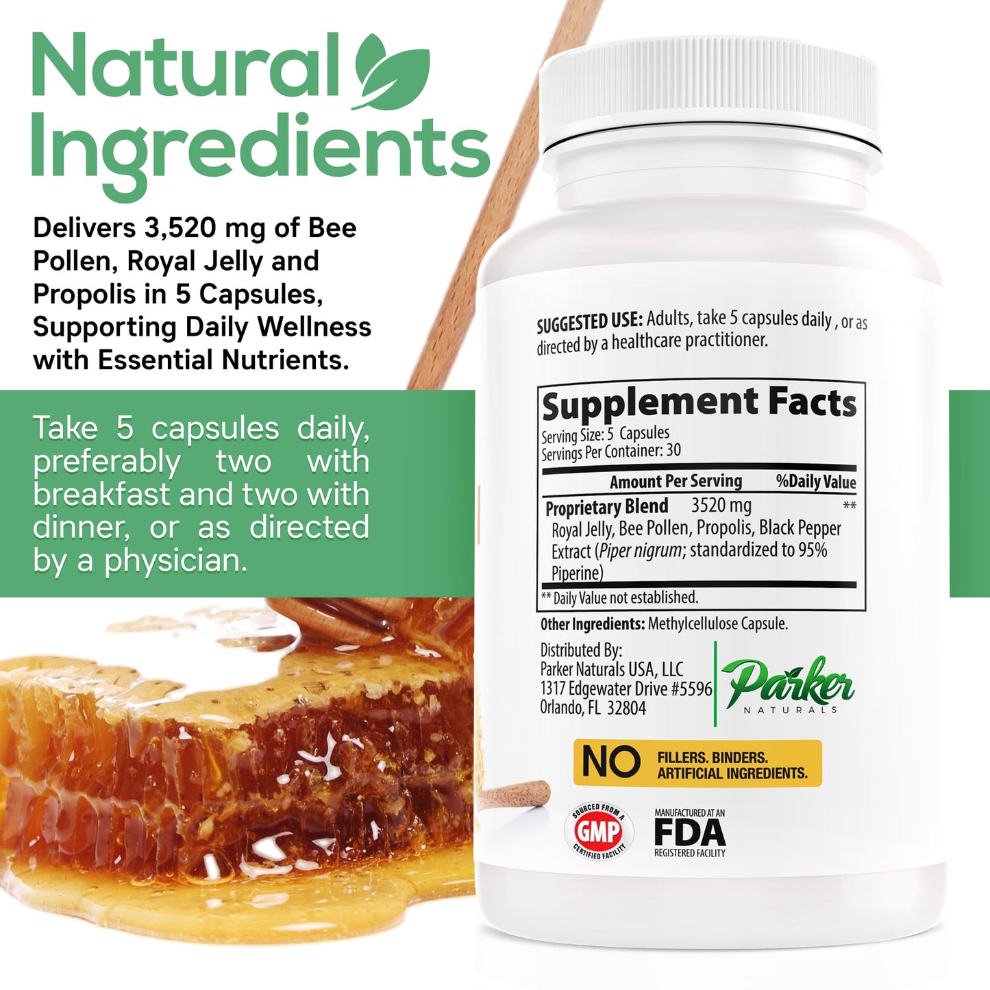 Parker Naturals Supreme Bee Pollen Capsules, 150 Capsules