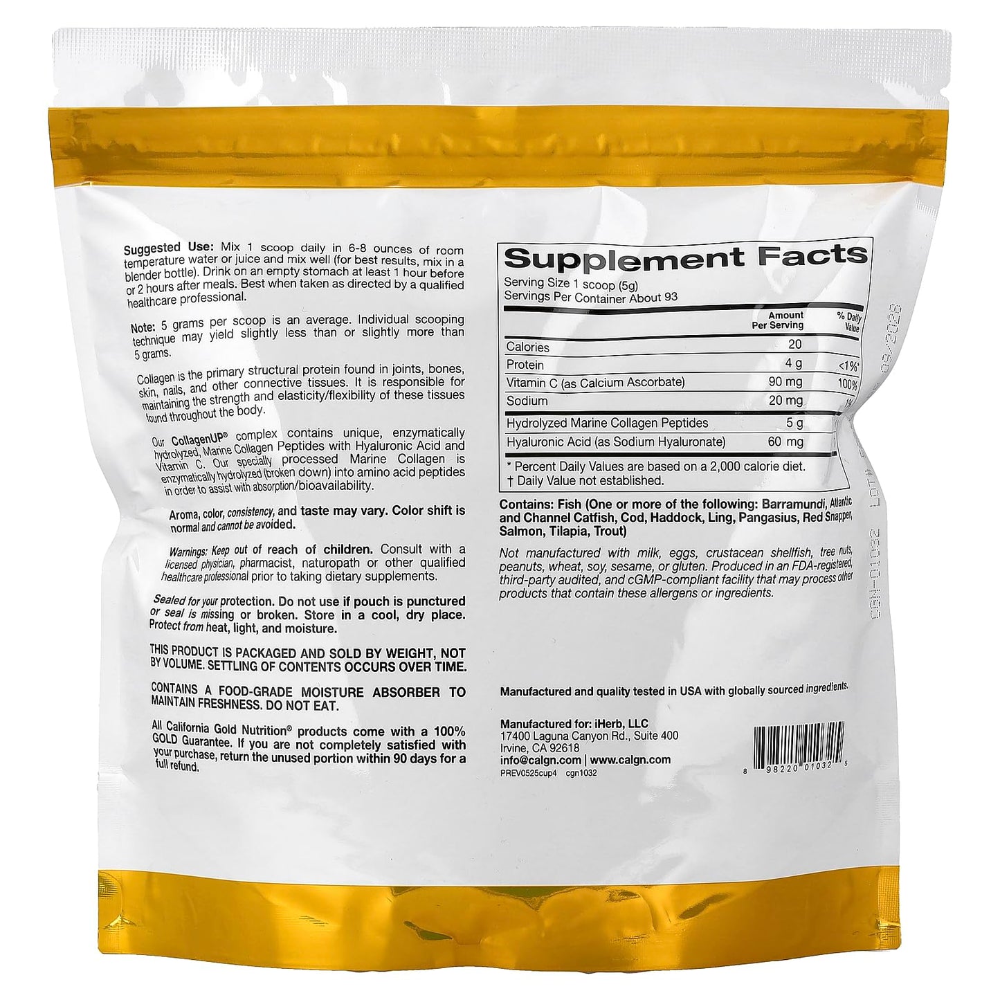 California Gold Nutrition CollagenUP Hydrolyzed Marine Collagen Peptides with Hyaluronic Acid and Vitamin C (Powder), 16.36 oz