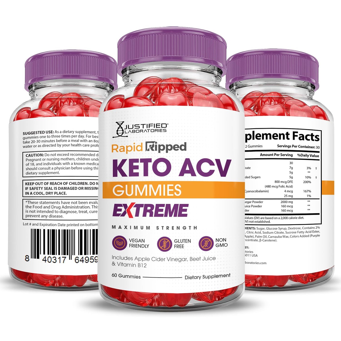 Justified Laboratories Rapid Ripped Keto ACV Gummies Extreme 2000MG, 600 Gummies