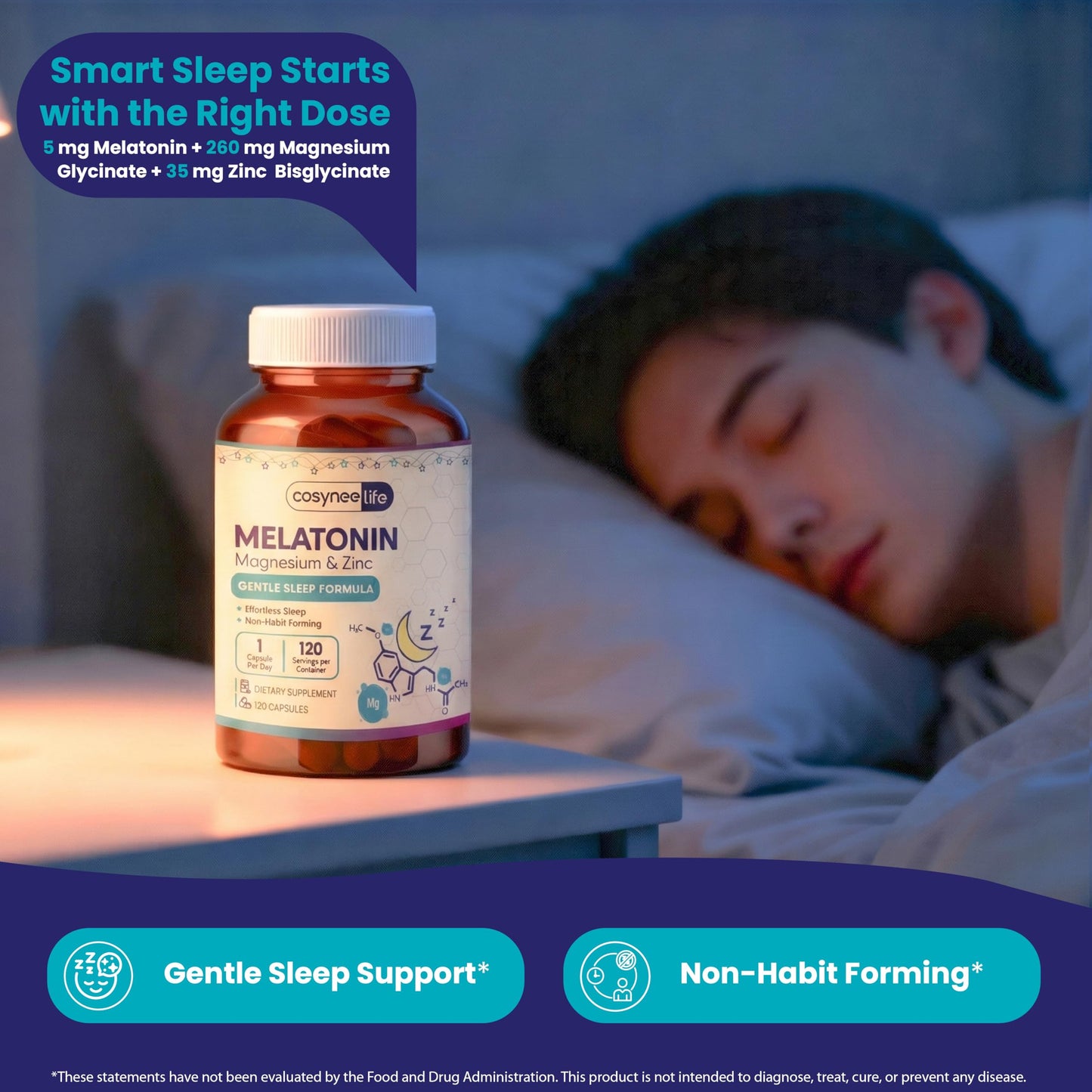 Cosynee Life Melatonin 5mg with Magnesium Glycinate & Zinc 120 Capsules