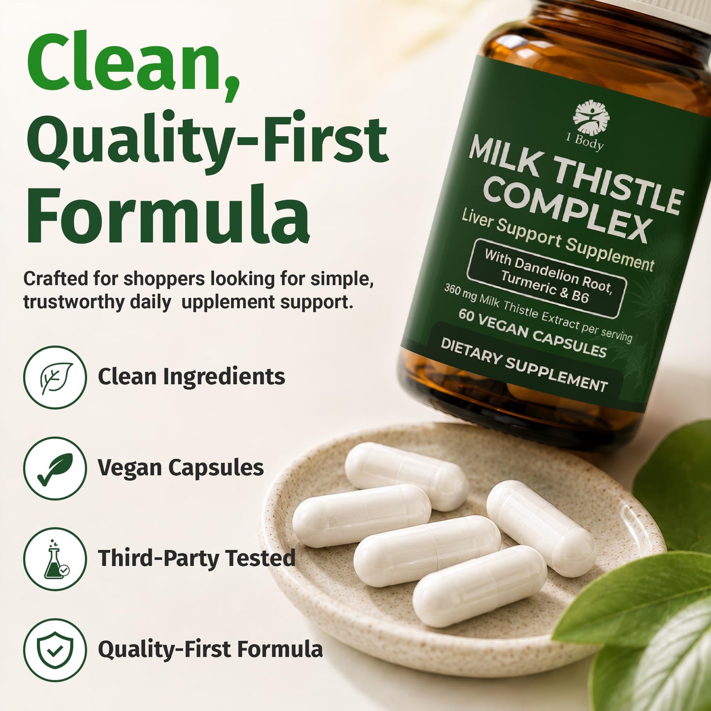 1 Body Milk Thistle Complex Silymarin Liver Support Capsule 180