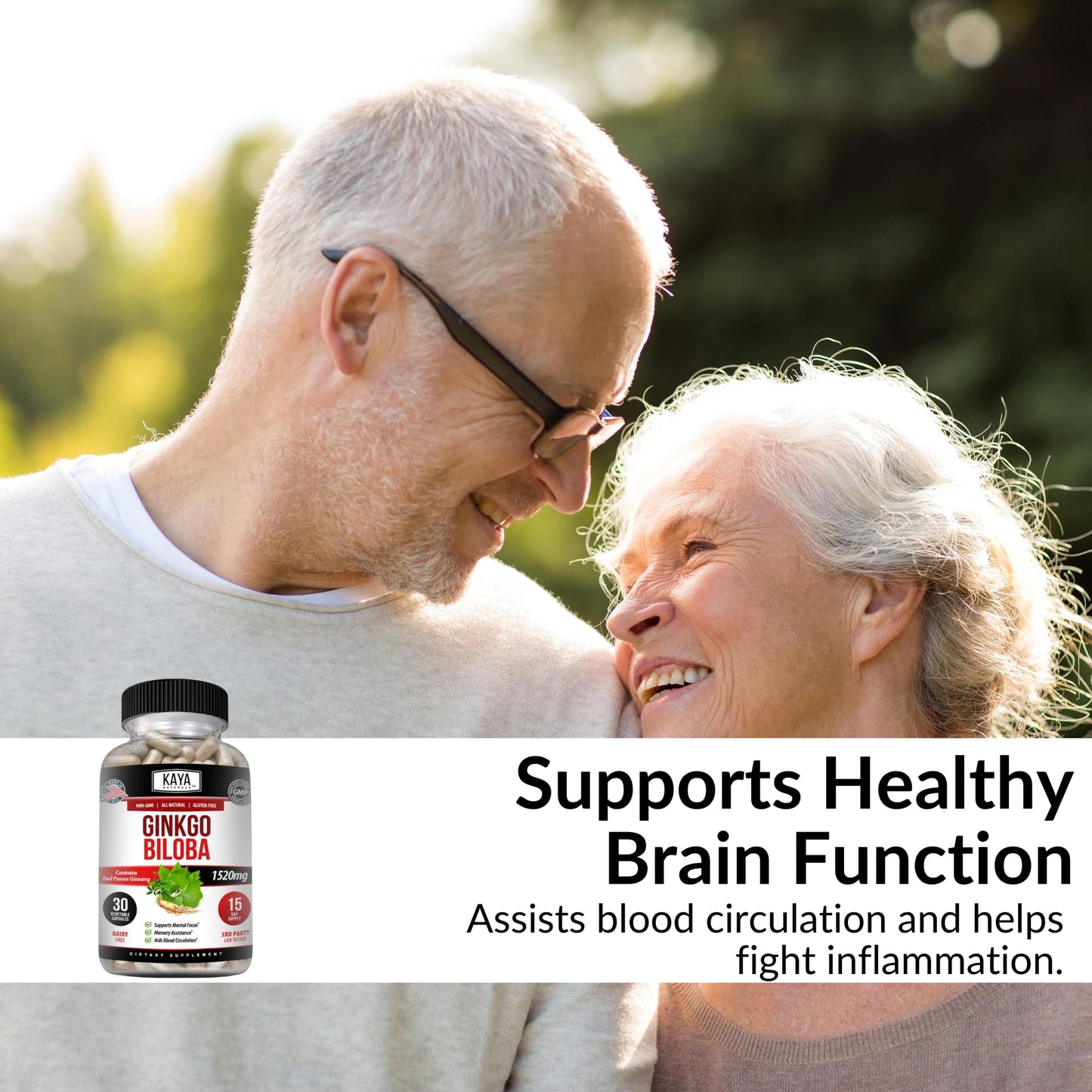 Kaya Naturals Red Panax Ginseng + Ginkgo Biloba Nootropic Brain Supplement - Cognitive and Concentration Support - Brain Booster, Focus, and Memory, 30 Capsules