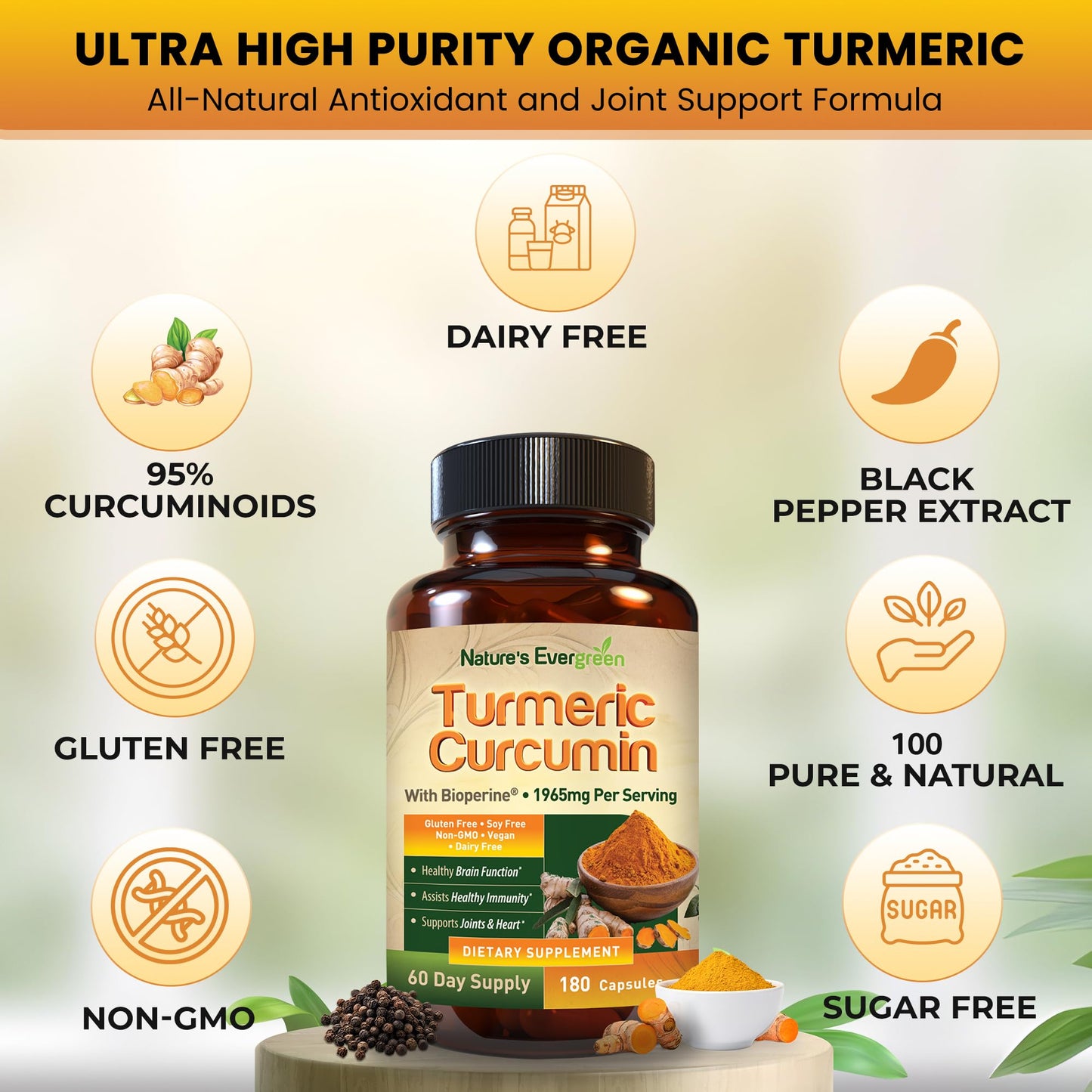 Nature's Evergreen Turmeric Curcumin with Black Pepper Extract (Bioperine) & Organic Turmeric Vegan Joint Support Supplement, 95% Curcuminoids, 1965mg, 180 Capsules