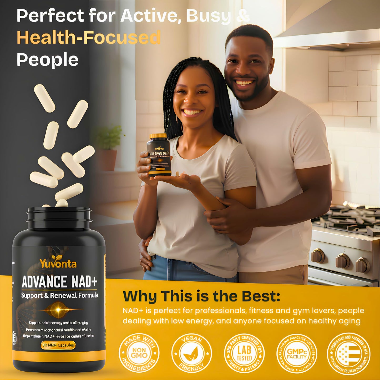 Yuvonta NMN 250mg NAD+ Supplement – Cellular Energy & Mitochondrial Support with CoQ10, PQQ & Rhodiola – Anti-Fatigue, Focus & Longevity Support, 60 Capsules