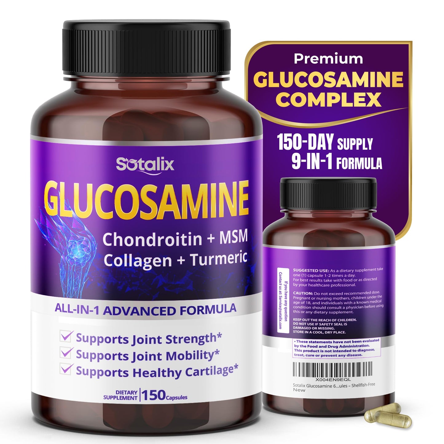 Sotalix Supplement Glucosamine 650mg – All-in-1 Joint Support with Chondroitin, MSM, Collagen, Turmeric, Vitamin D3 & Hyaluronic Acid 150 Capsules