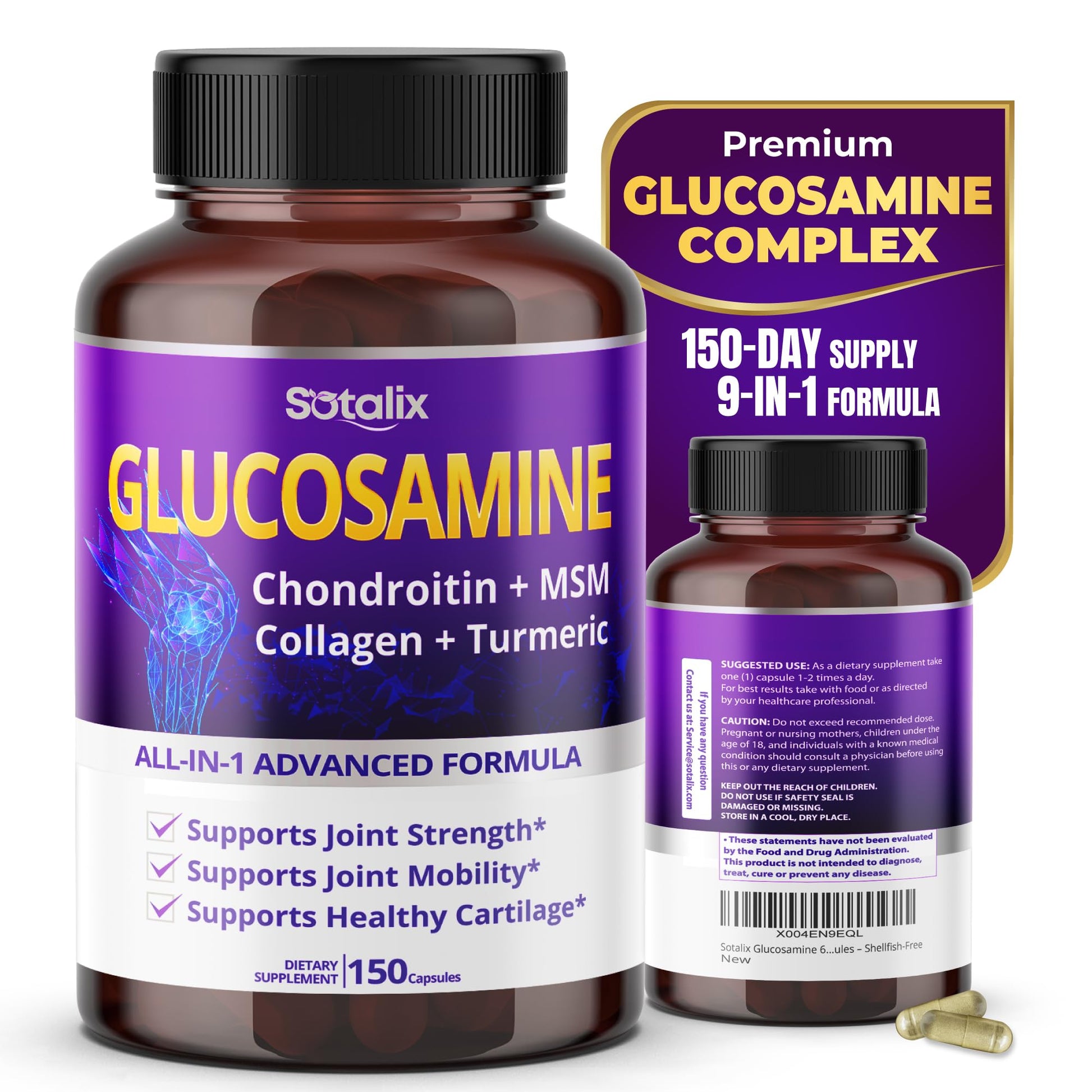 Sotalix Supplement Glucosamine 650mg – All-in-1 Joint Support with Chondroitin, MSM, Collagen, Turmeric, Vitamin D3 & Hyaluronic Acid 150 Capsules