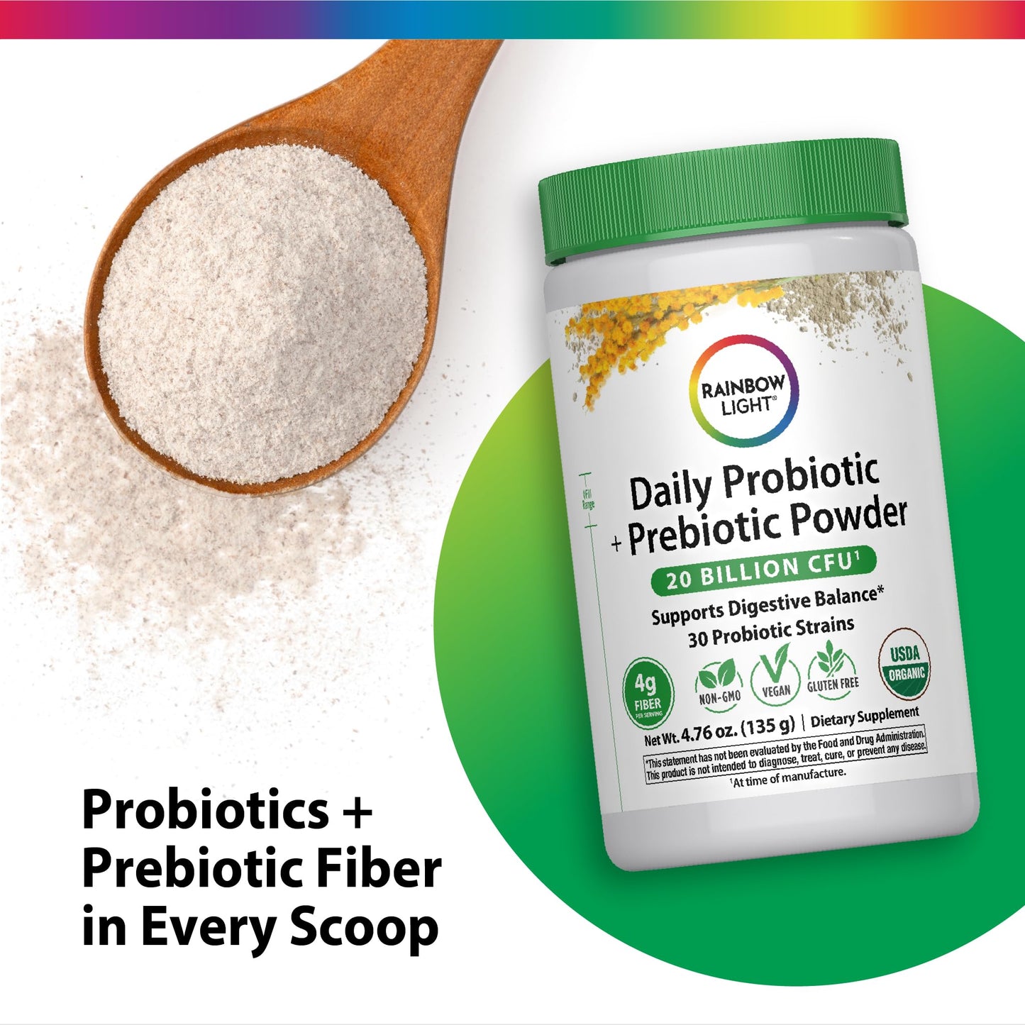 Rainbow Light Daily Probiotic & Prebiotic Powder 20 Billion CFU, 30 Probiotic Strains & Organic Prebiotic Fiber, for Men and Women, Supports Digestive Balance, 4.76 oz