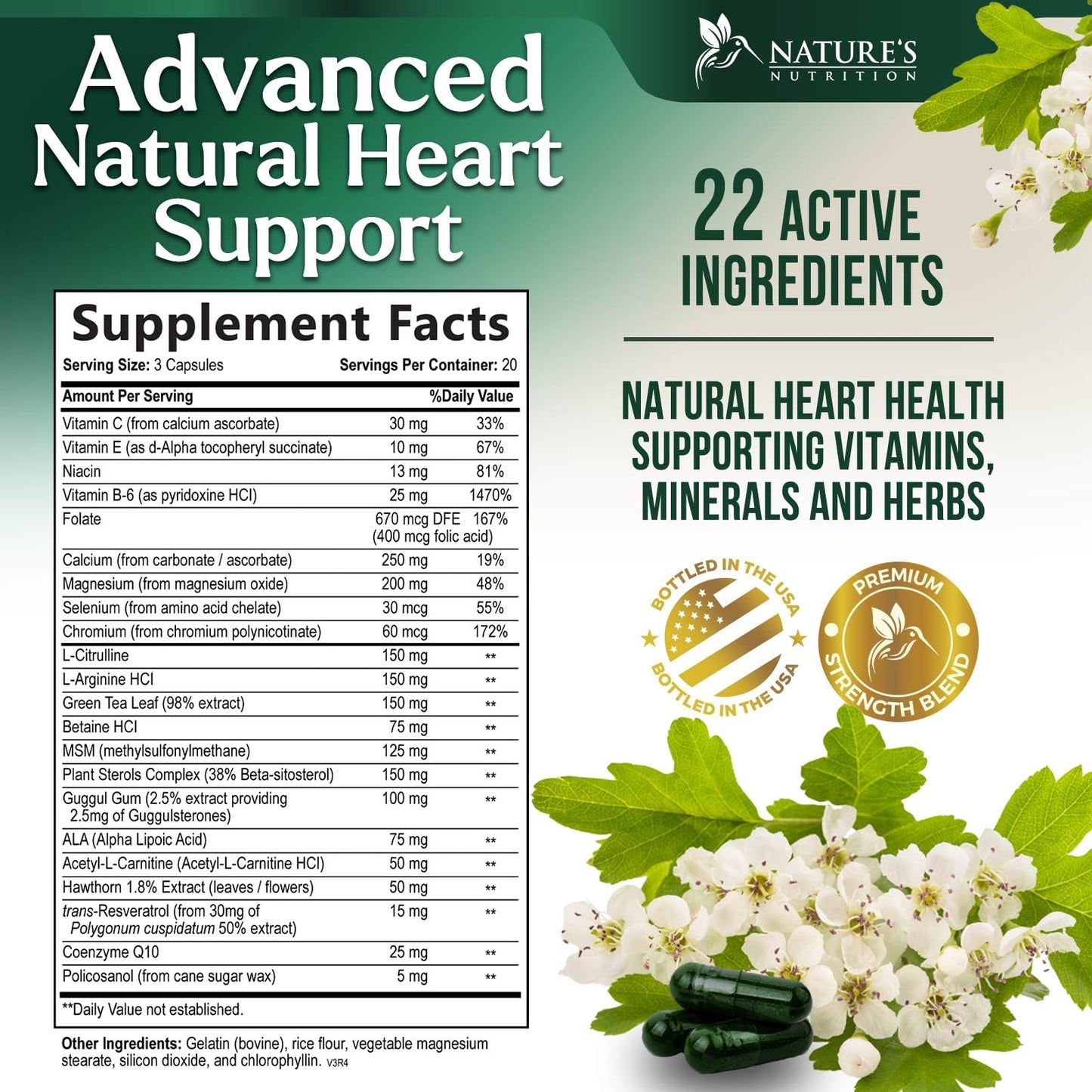Nature's Nutrition Heart Health Supplement – Complete Heart Support Formula for Women & Men, with CoQ10, B Vitamins, L-Arginine, Hawthorn, Resveratrol – Natural Nitric Oxide Energy Production – Made USA, 60 Capsules