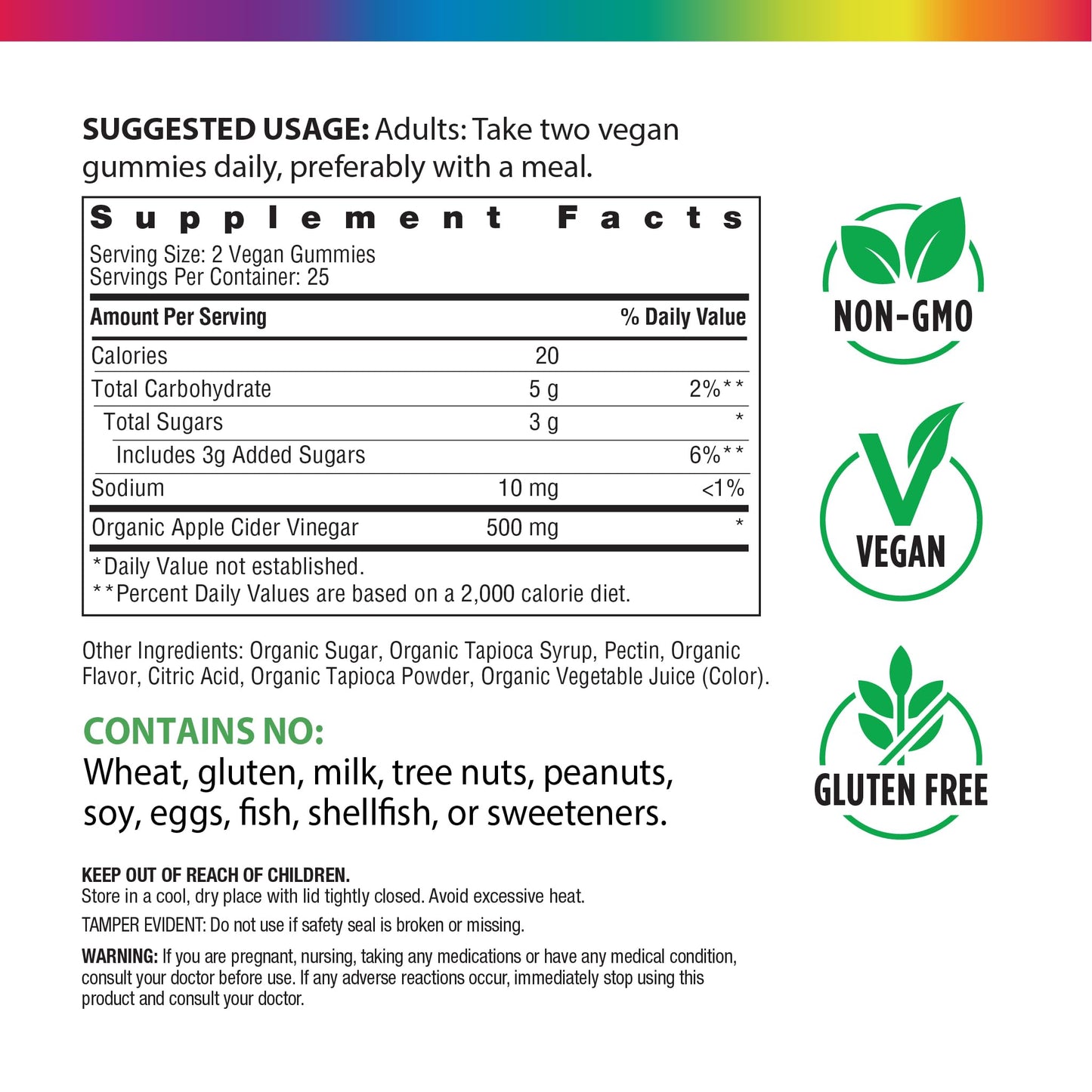 Rainbow Light Apple Cider Vinegar Gummies 500 mg, 50 Count, USDA Organic, Vegan, Non-GMO, Gluten Free