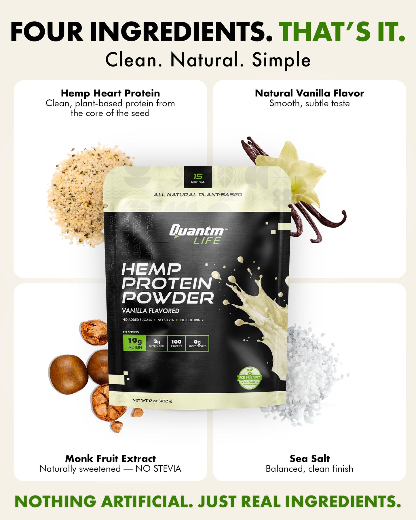 QUANTM LIFE Vanilla Hemp Protein Powder, 17 Servings