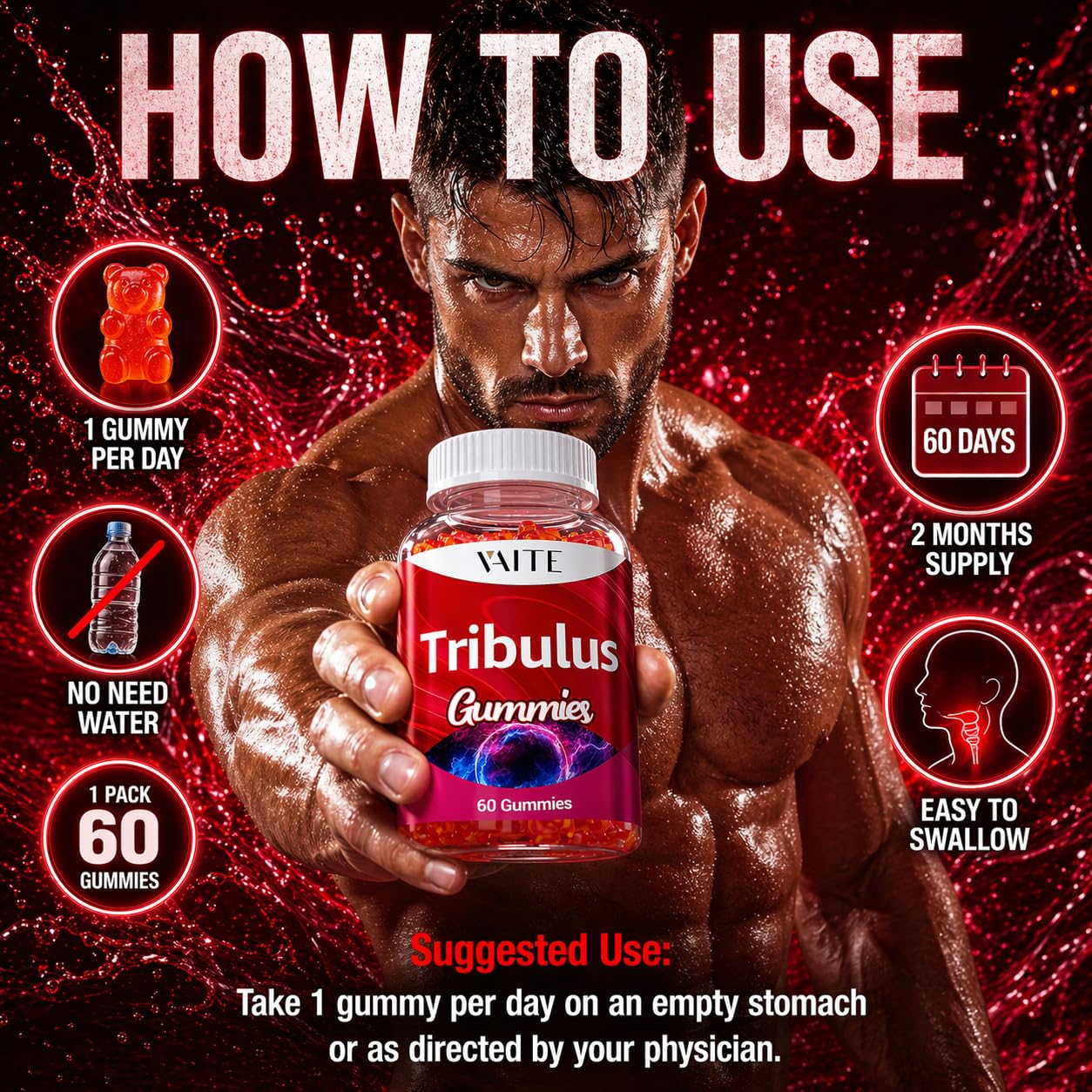 VAITE Tribulus Terrestris 1000 mg Gummy, 60 Gummies