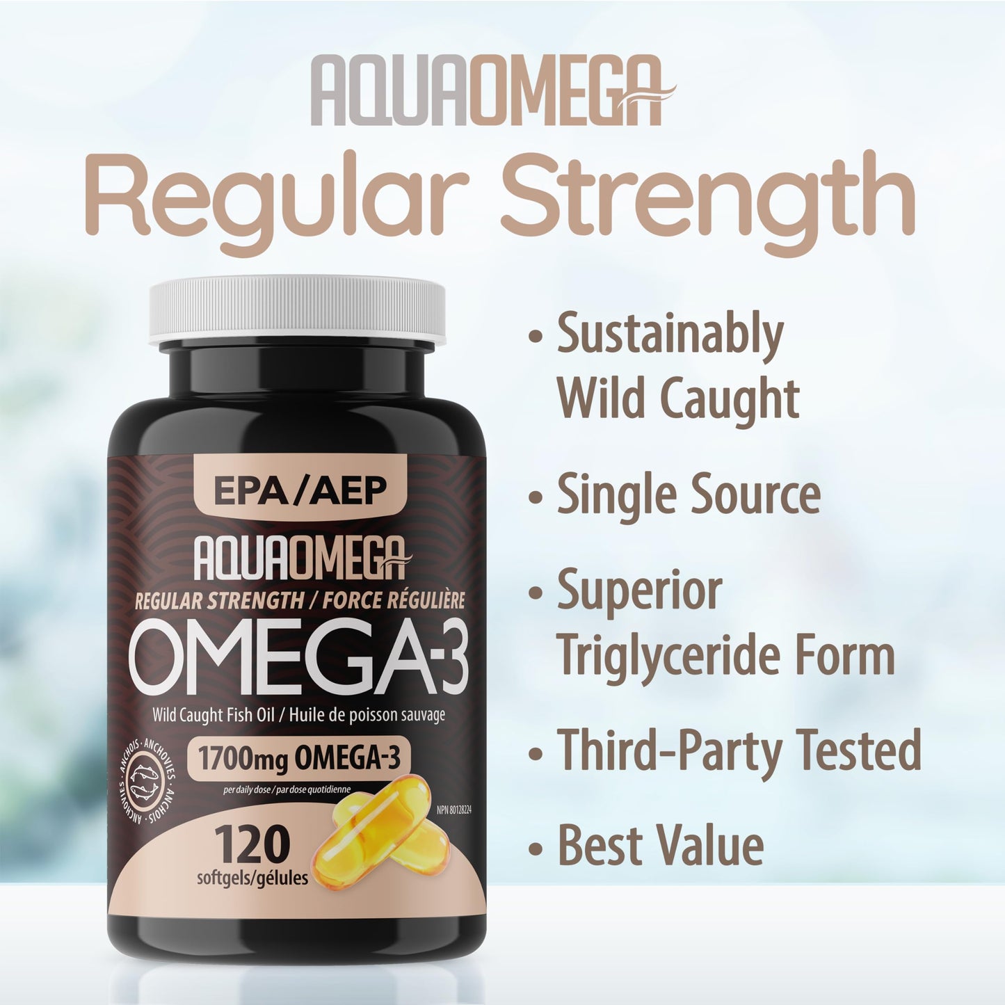 AQUA OMEGA Regular Strength Omega-3 Fish Oil Capsules with EPA & DHA, 120 Capsules