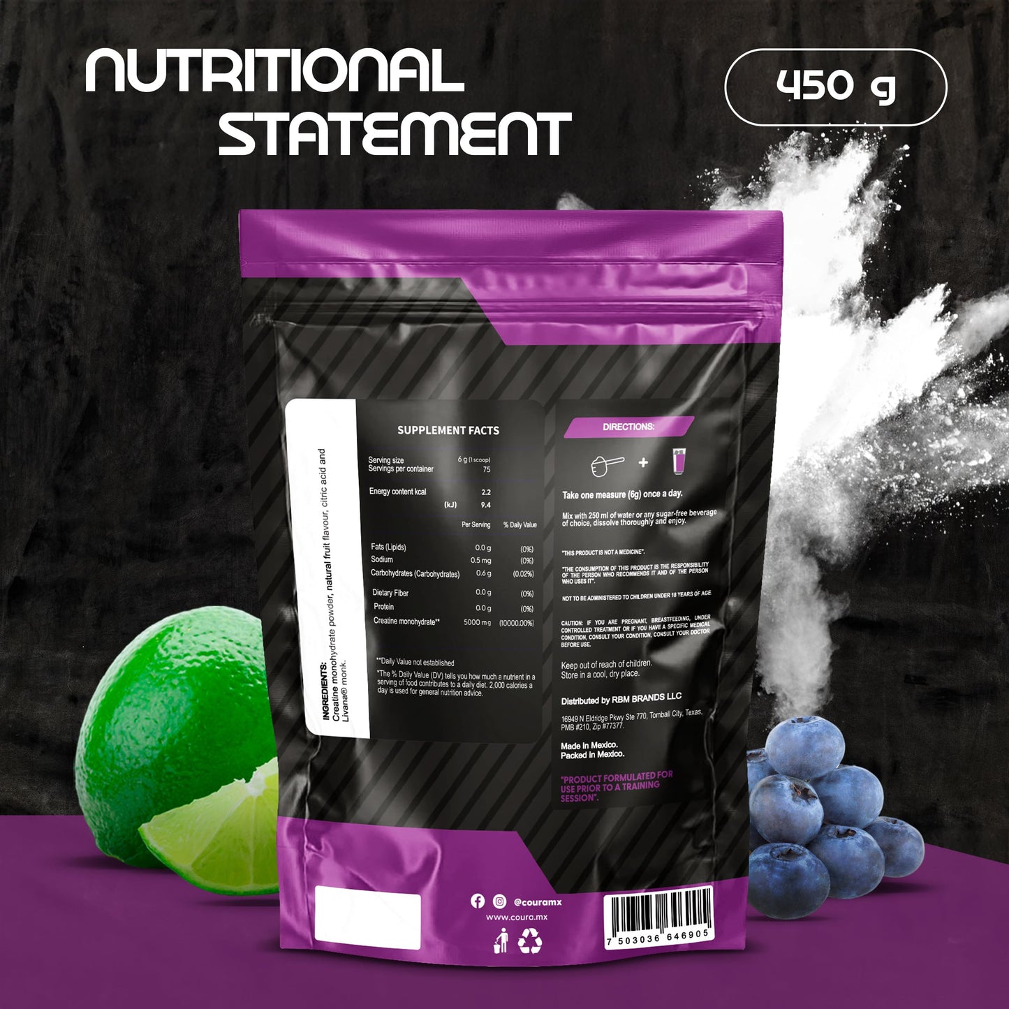 COURA Lemon-Berries Creatine Monohydrate Powder, 15.87 Ounces