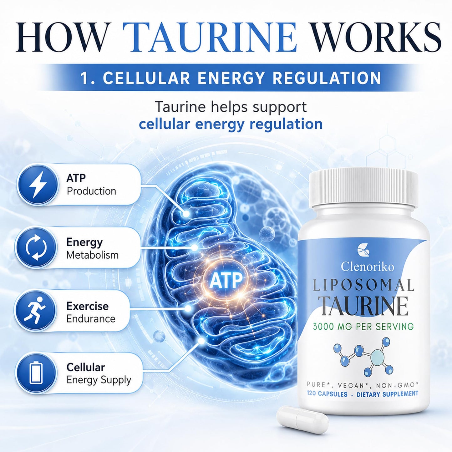 Clenoriko Liposomal Taurine Supplement 3000mg Capsule, 120 Count
