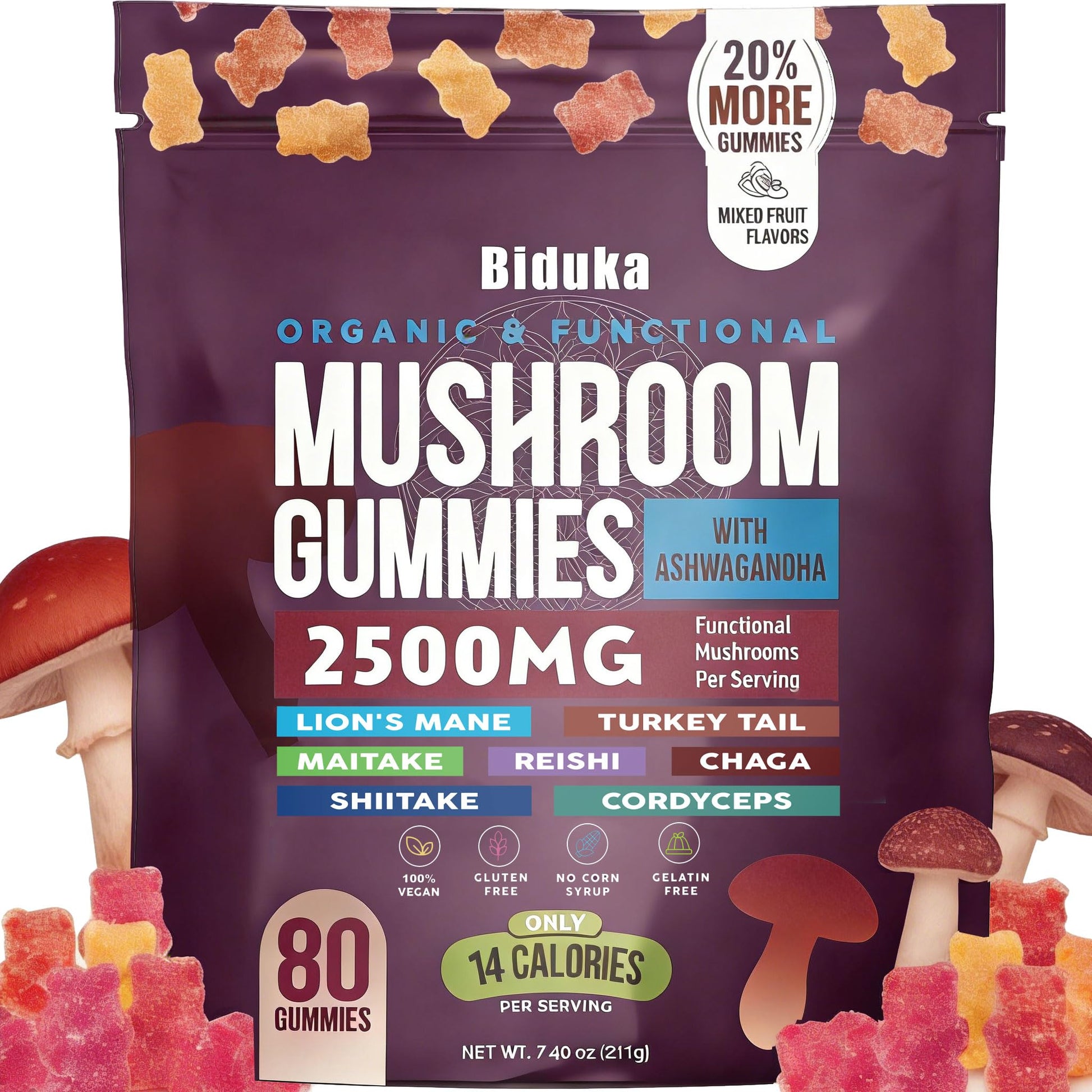Biduka Organic Functional Mushroom Gummies with Ashwagandha, 80 Count
