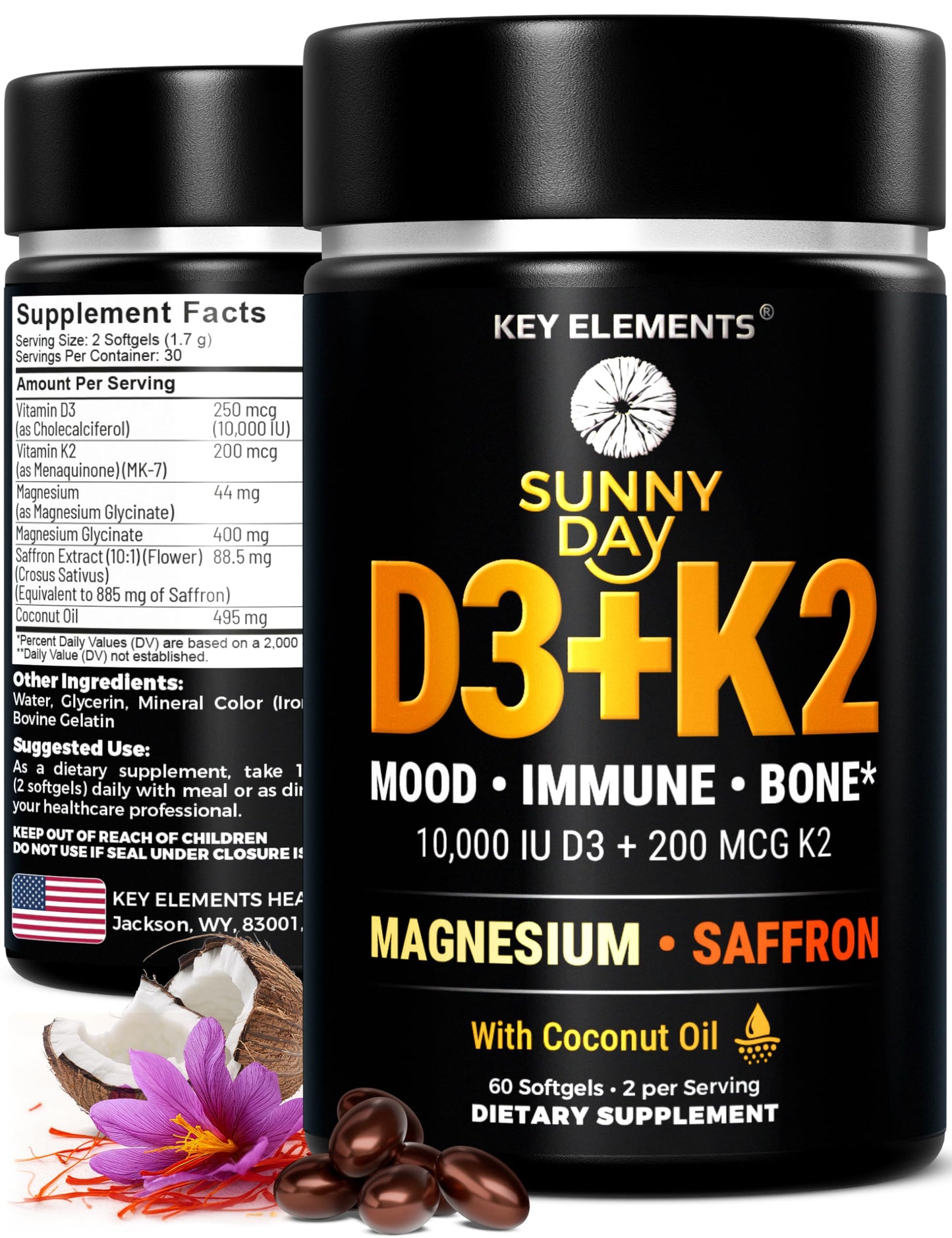 KEY ELEMENTS Vitamin D3 K2 10,000 IU with Magnesium Glycinate 400mg & Saffron 88.5mg - Mood, Immune, Bone Health - Vitamin D and K (MK-7) 200mcg - Non-GMO, Gluten-Free Softgels, 60 Count