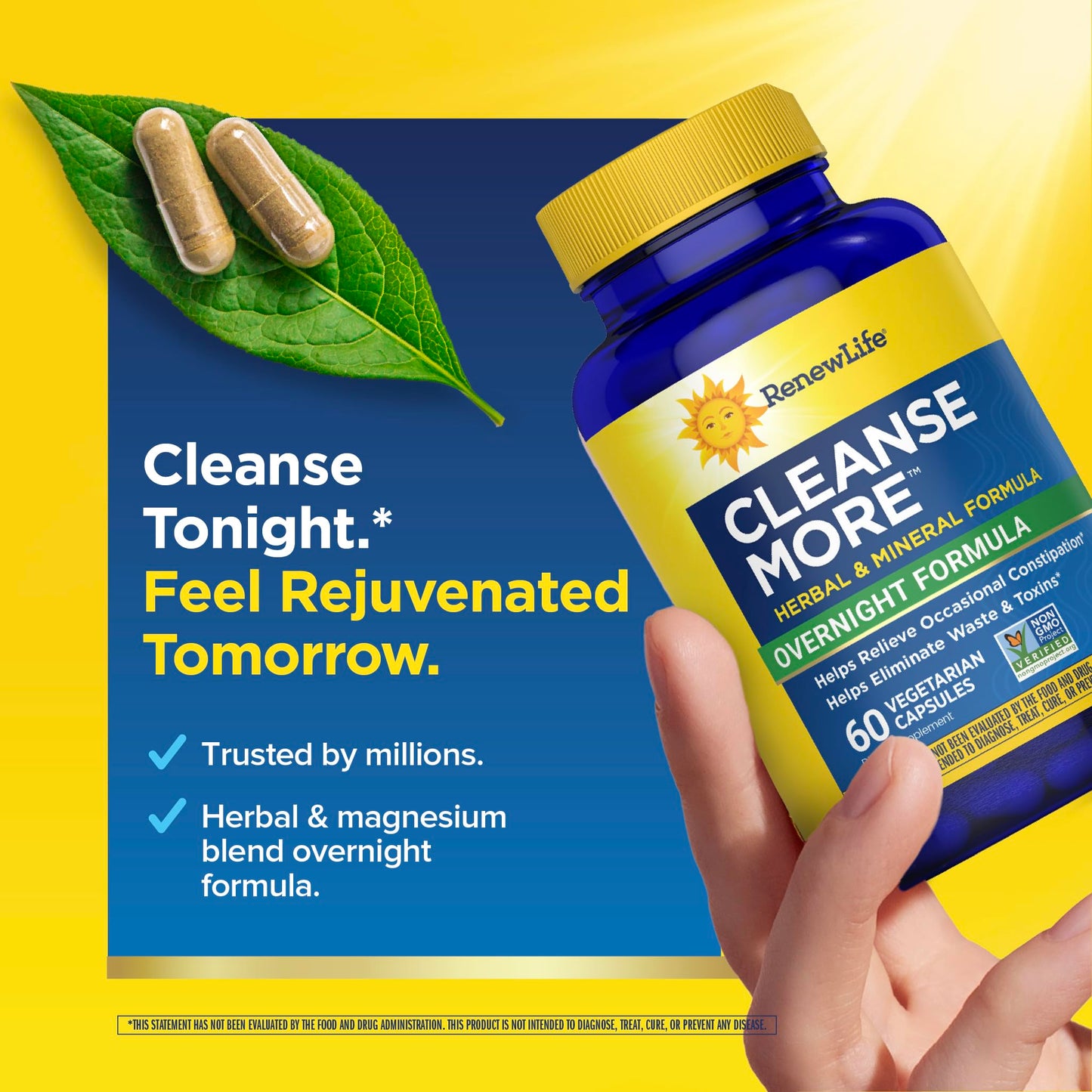 Renew Life Cleanse More Herbal Formula with Magnesium for Overnight Occasional Constipation Relief, Helps Promote Waste and Toxin Elimination, Gluten, Dairy and Soy Free, 60 Capsules