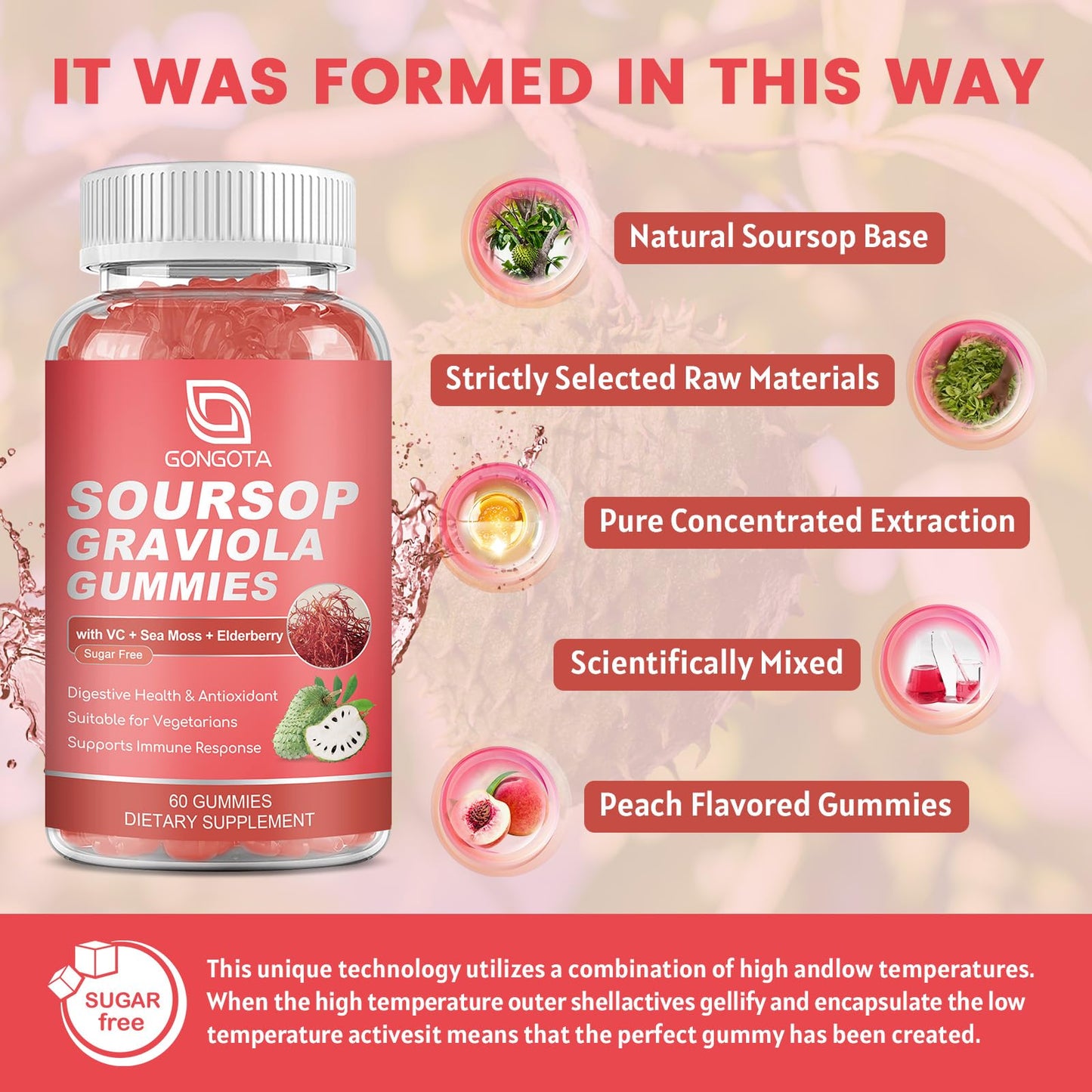 GONGOTA Soursop Graviola Gummies 2200mg Extra Soursop Leaves Extract, Elderberry & Sea Moss & Zn - Digestive, Immune, Antioxidant & Overall Health Support, Gluten Free, Vegan, 60 Gummies