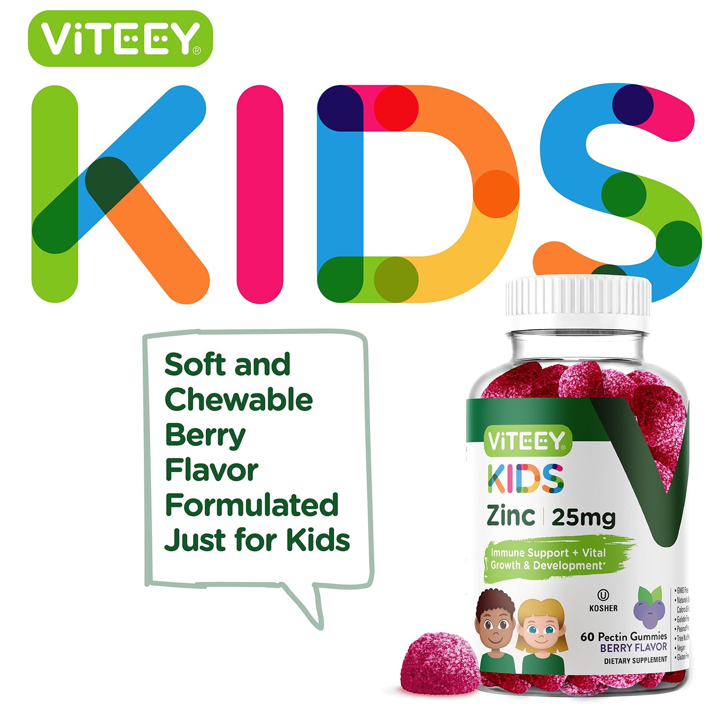 Viteey Zinc for Kids Gummies 25mg, 60 Count