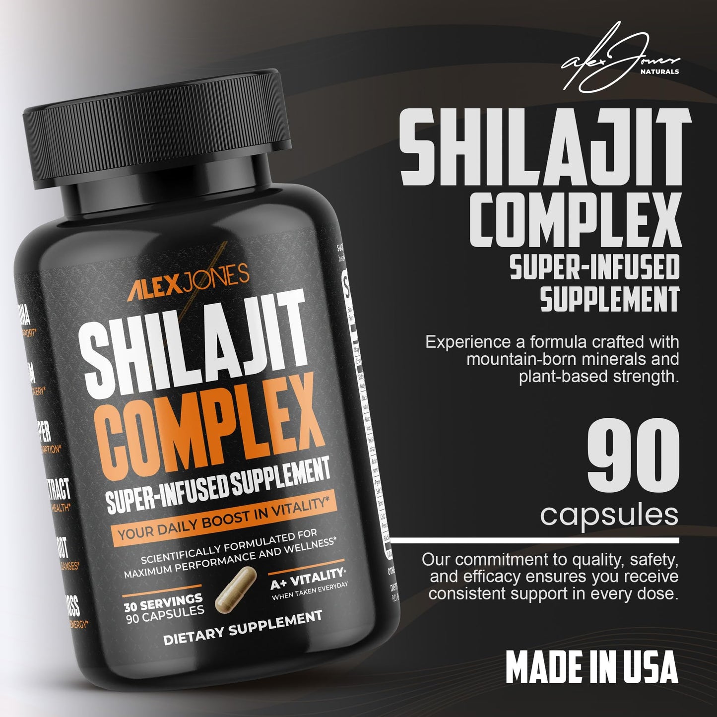 Alex Jones Naturals Shilajit Complex for Men, Ashwagandha, Sea Moss & CoQ10 Shilajit Capsules, 90 Capsules