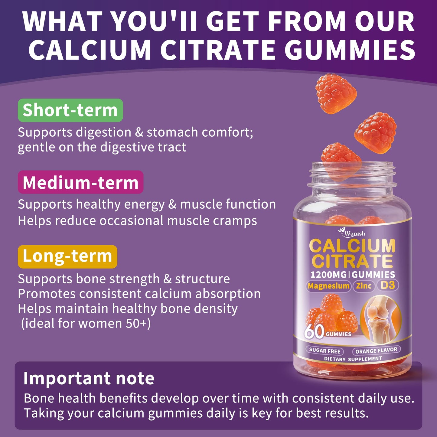 Wanish Calcium Citrate 1200 mg for Women, Calcium Magnesium Zinc Vitamin D3 Gummies, 180 Count