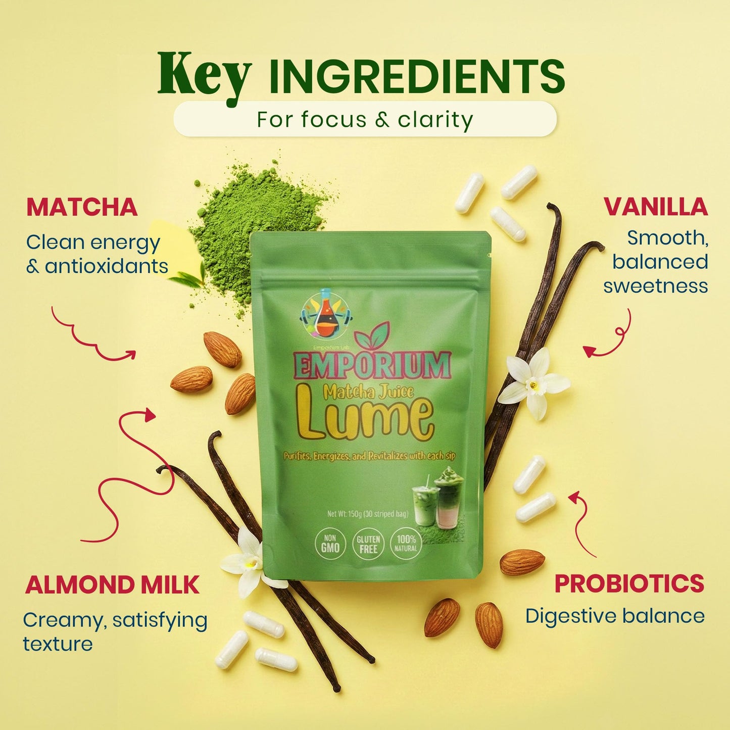 Emporium Lab ELOHIM LUME Matcha Juice Vanilla Matcha Powder with Probiotics & Collagen for Skin Support & Digestive Health, 1 Count