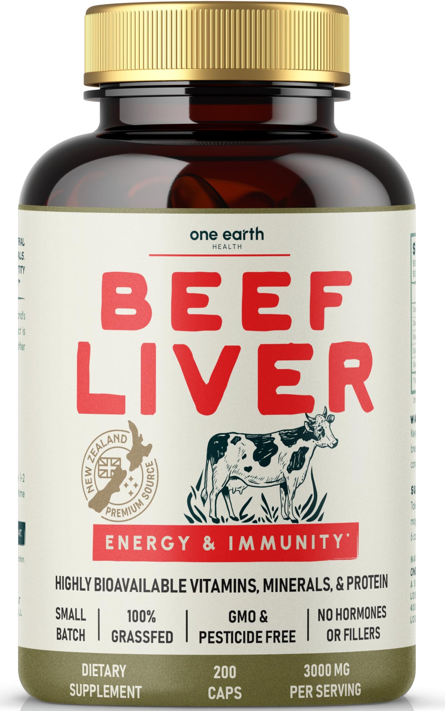 One Earth Health Grass-Fed Beef Liver Capsules 3,000mg Desiccated New Zealand Liver with Heme Iron, B12 & Folate, 200 Capsules