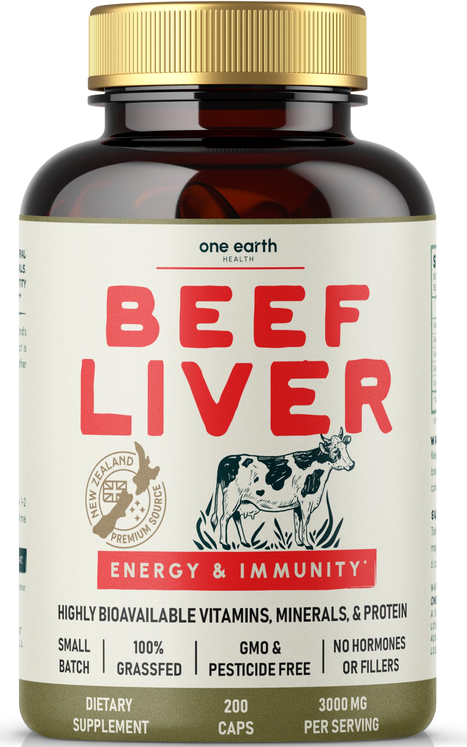 One Earth Health Grass-Fed Beef Liver Capsules 3,000mg Desiccated New Zealand Liver with Heme Iron, B12 & Folate, 200 Capsules